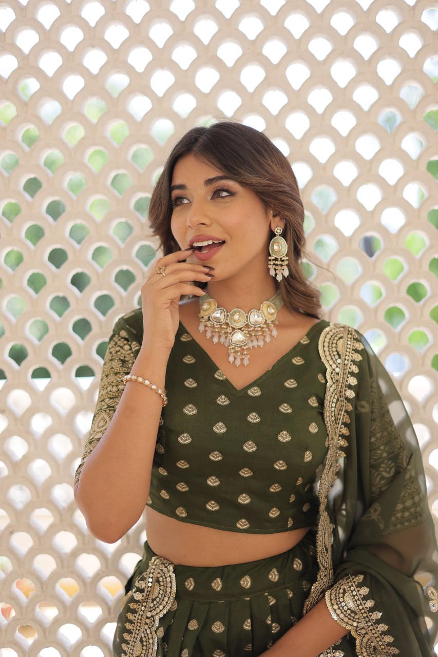 ClothsVilla Green Enchanting Dayble Viscose Jacquard Lehenga Set with Double Zari Work