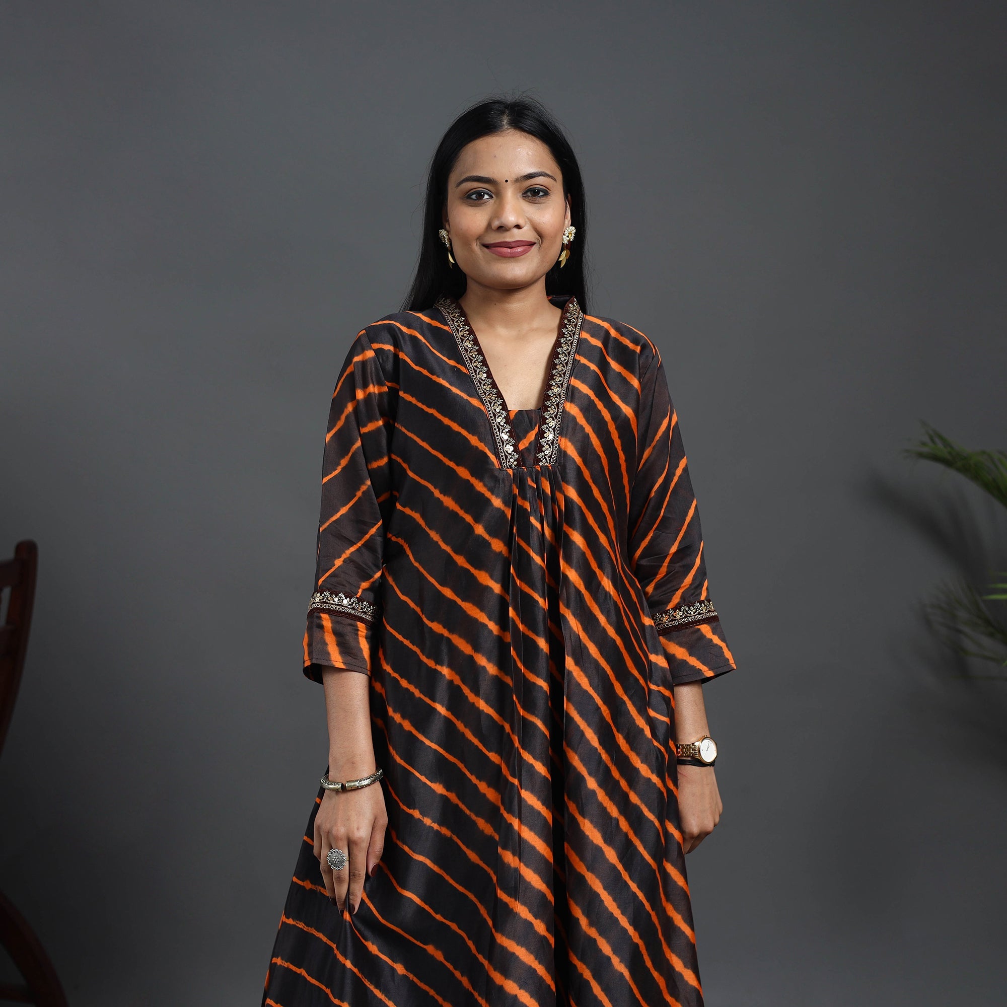ITOKRI CASUALS Black - Chanderi Silk A-Line Lacework Tie-Dye Leheriya Kurta 07 - view 2