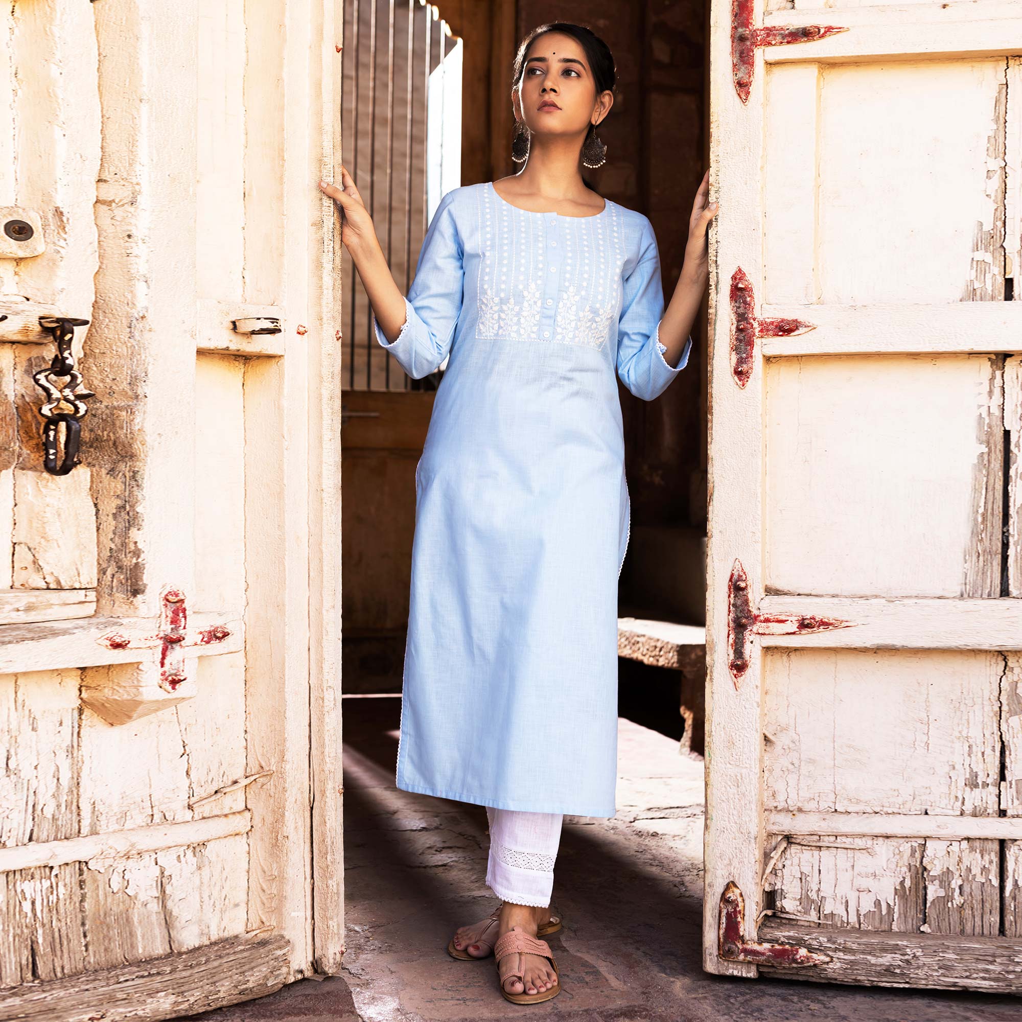 Peachmode Seller Light Blue Embroidered Pure Cotton Kurti