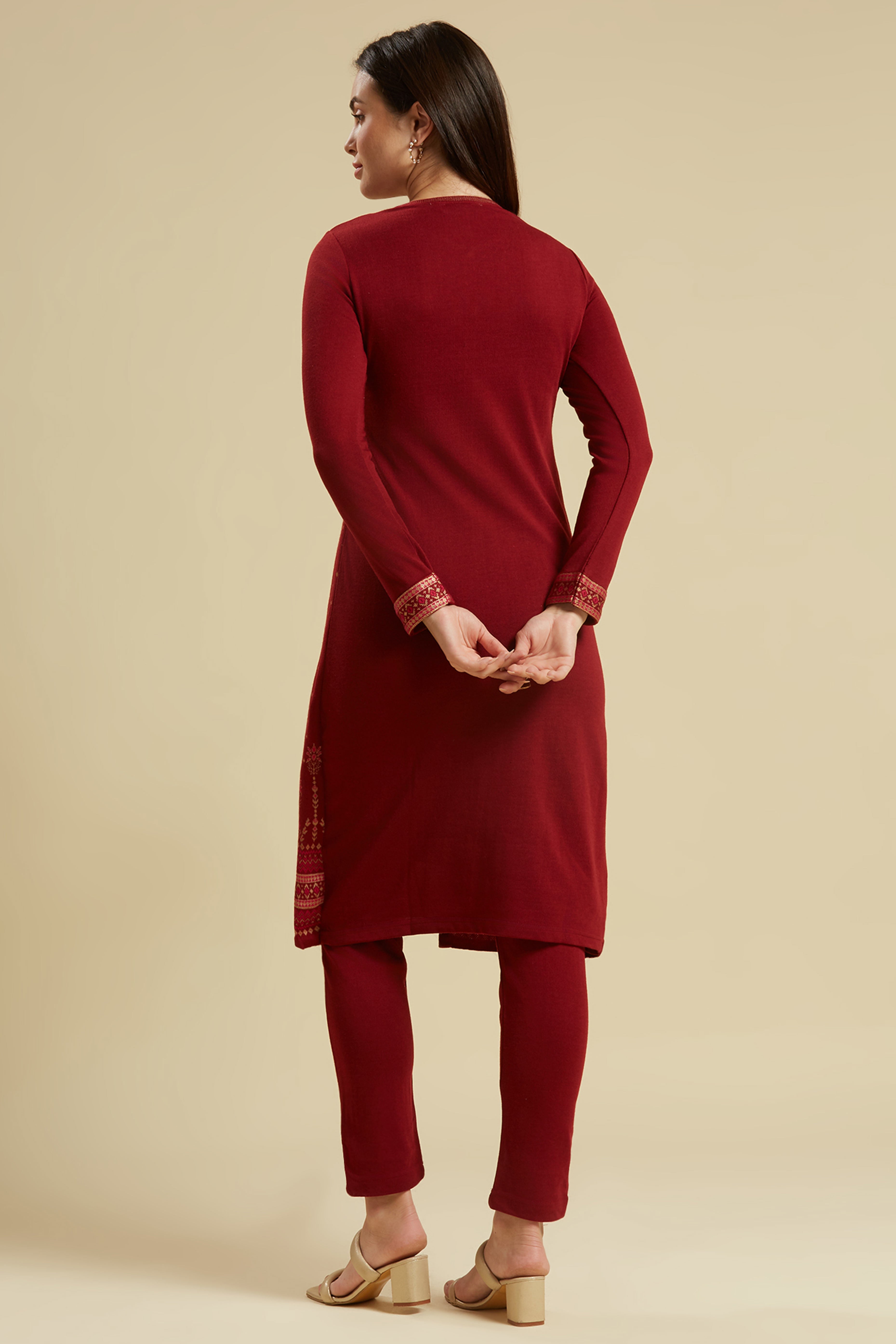 Peachmode Maroon Floral Woolen Top Bottom Set - view 6