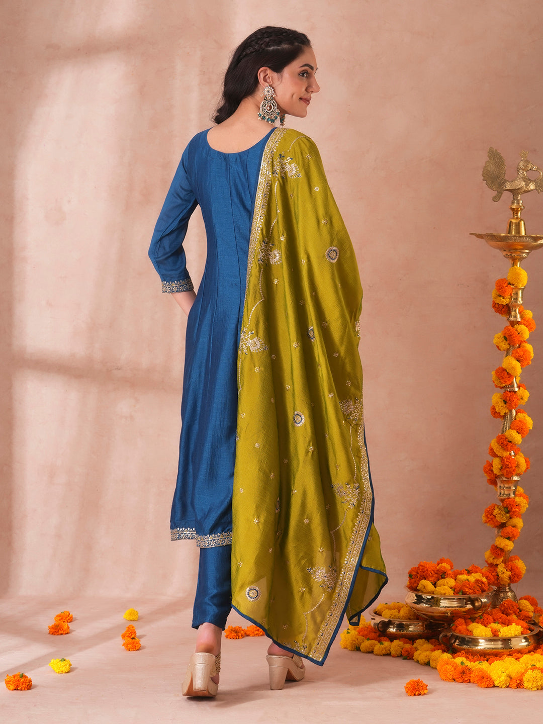 FASHOR Solid Ethnic Sequin Embroidered Anarkali Kurta with Pant and Dupatta - Teal Blue - view 6