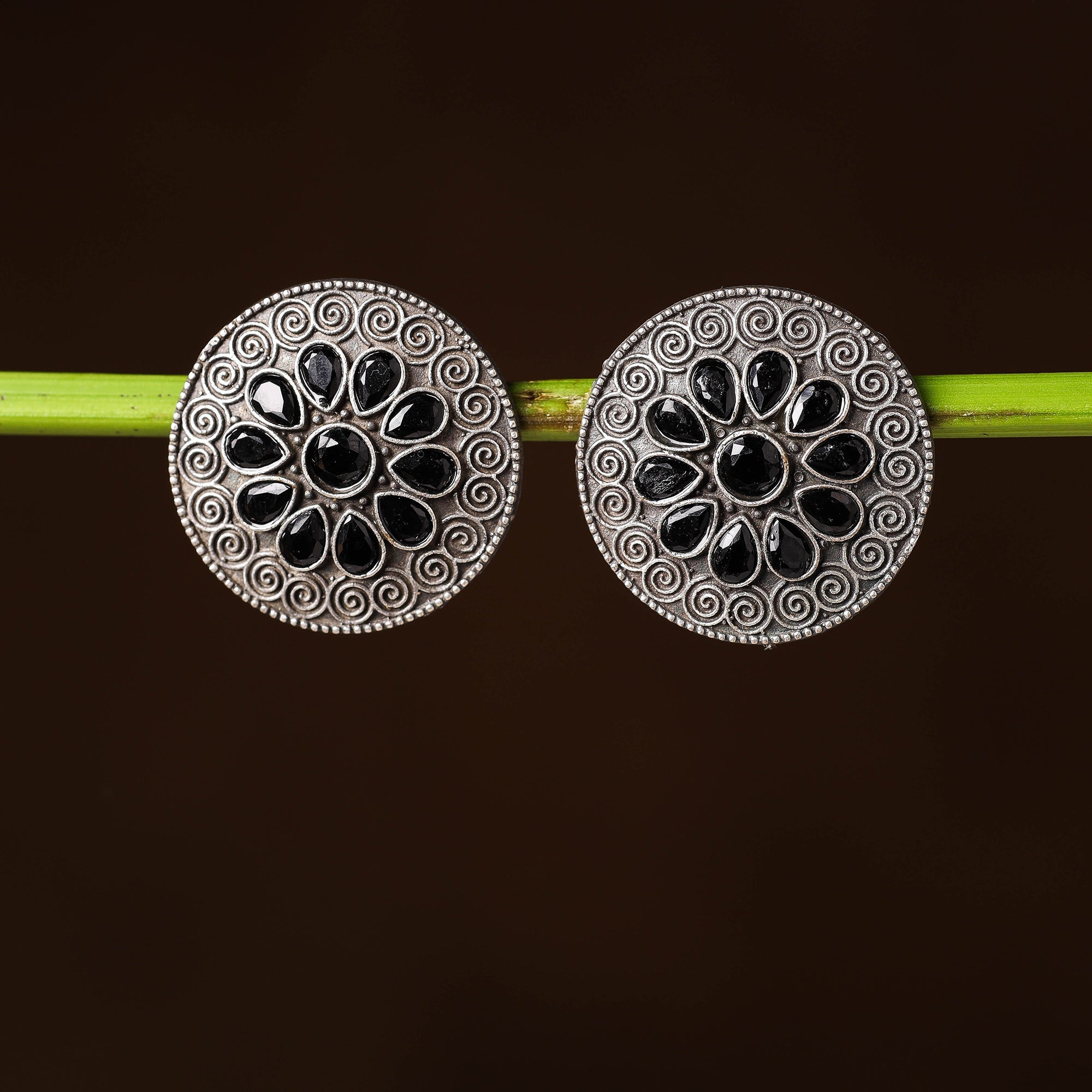 WHITE RIVER STORIES Antique Silver Finish Oxidised Brass Base Stone Work Stud Earrings