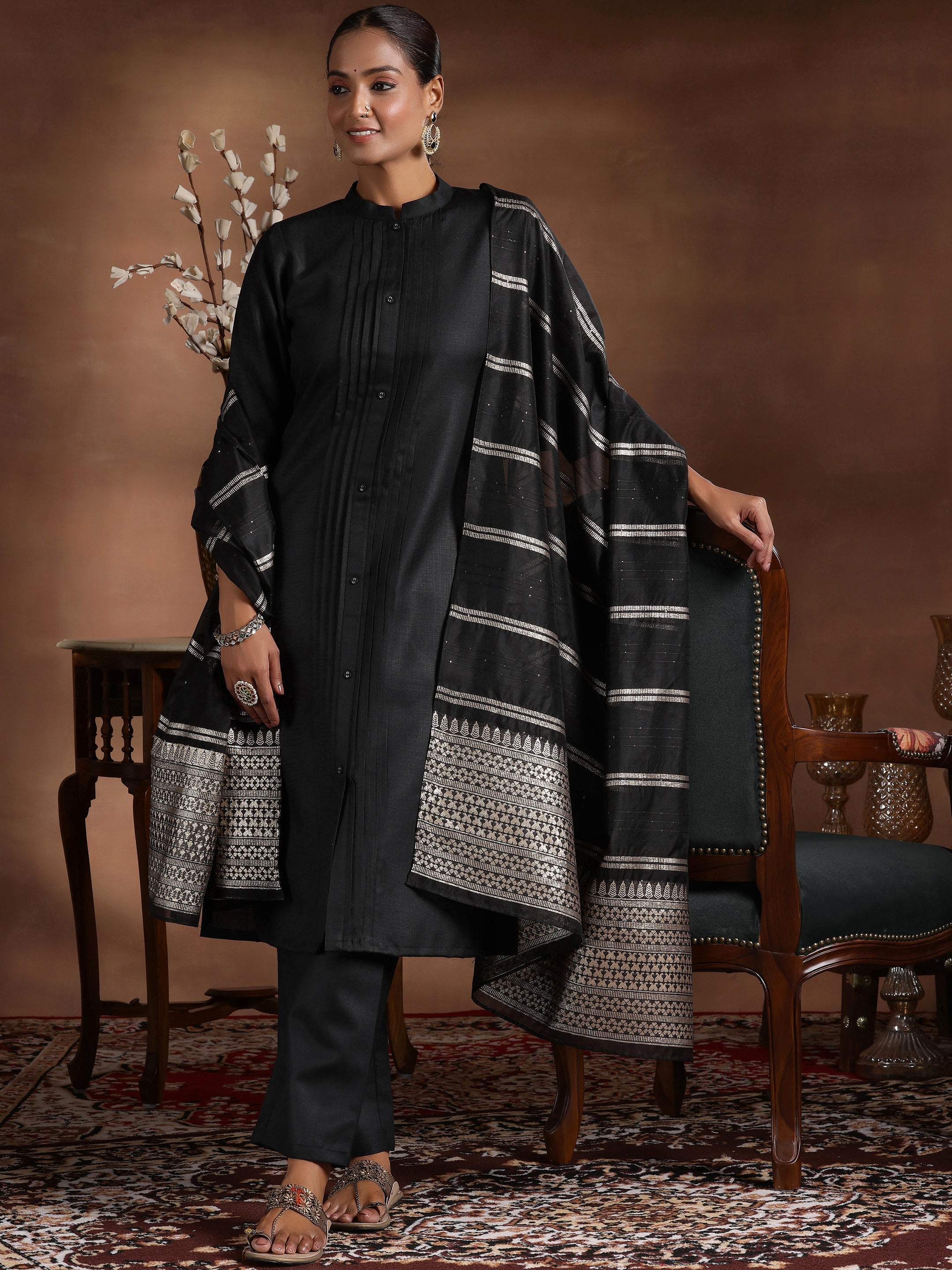Libas Black Solid Silk Blend Straight Suit With Dupatta