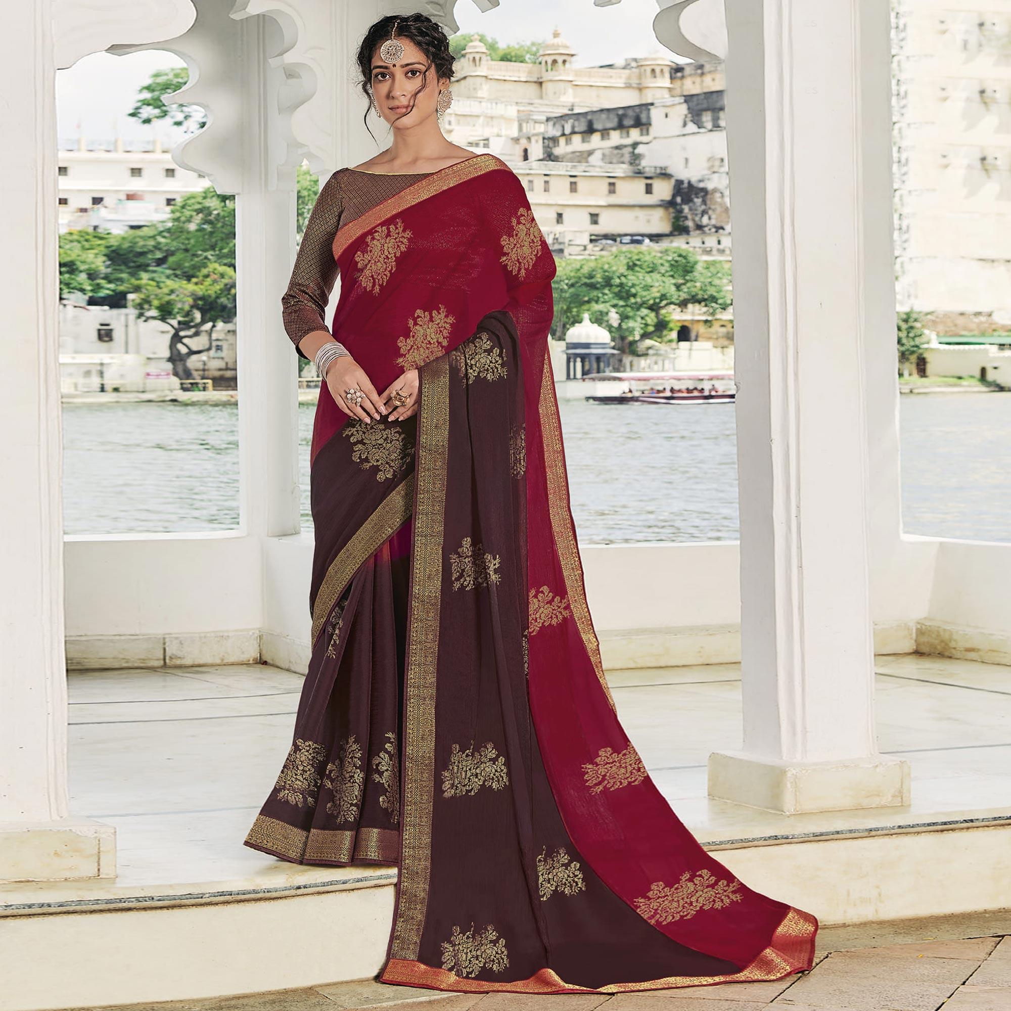 Peachmode Multicolor Festive Wear Woven Chiffon Saree