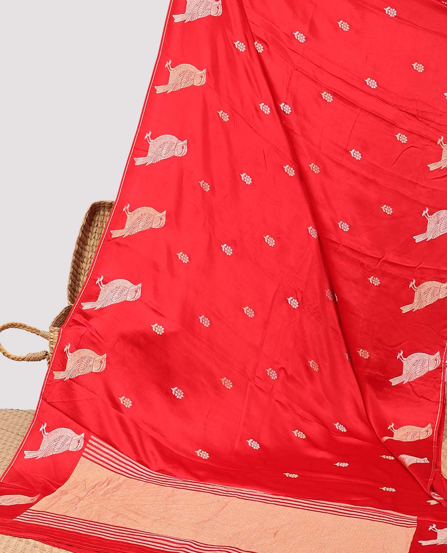 Pothys Red floral motifs mushru silk saree with self animal motifs border & striped zari pallu - view 2