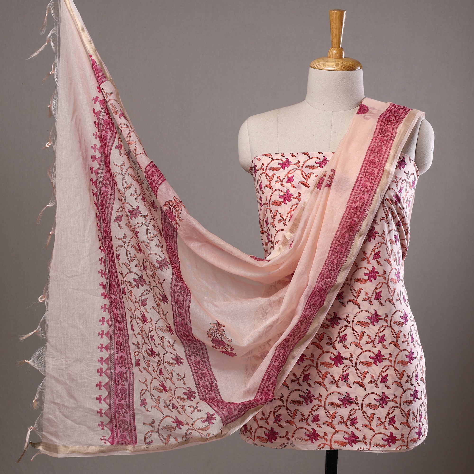 HAVELI CHRONICLES Beige - 3pc Sanganeri Block Printed Cotton Suit Material with Chanderi Silk Dupatta 01