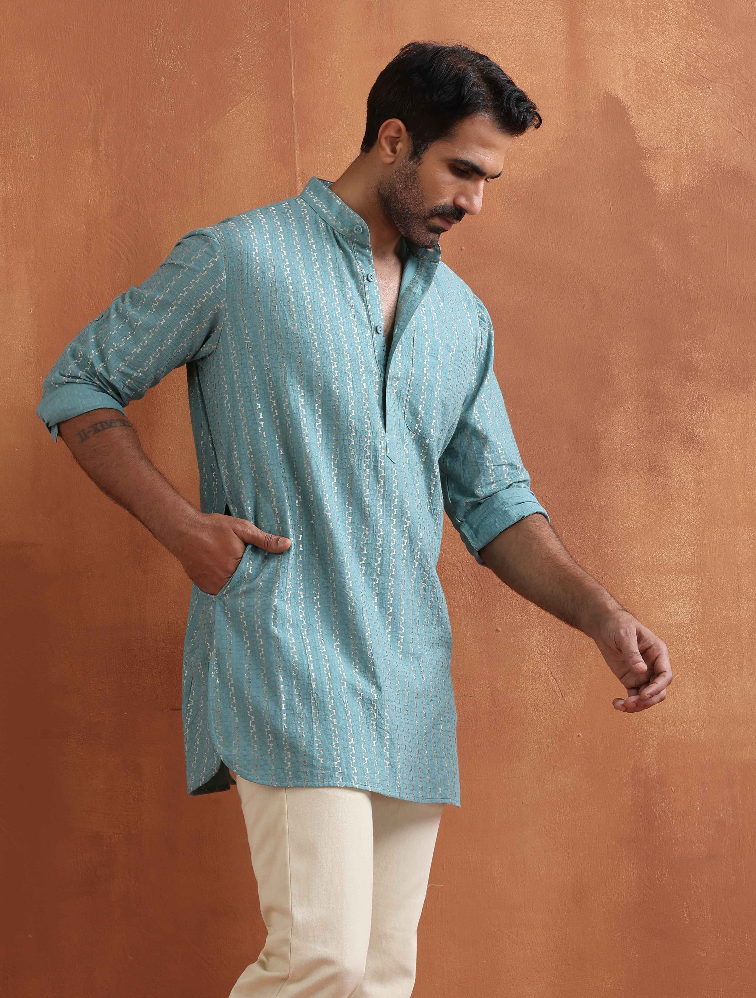 trueBrowns Men's Green Cotton Dobby Short Kurta - view 3