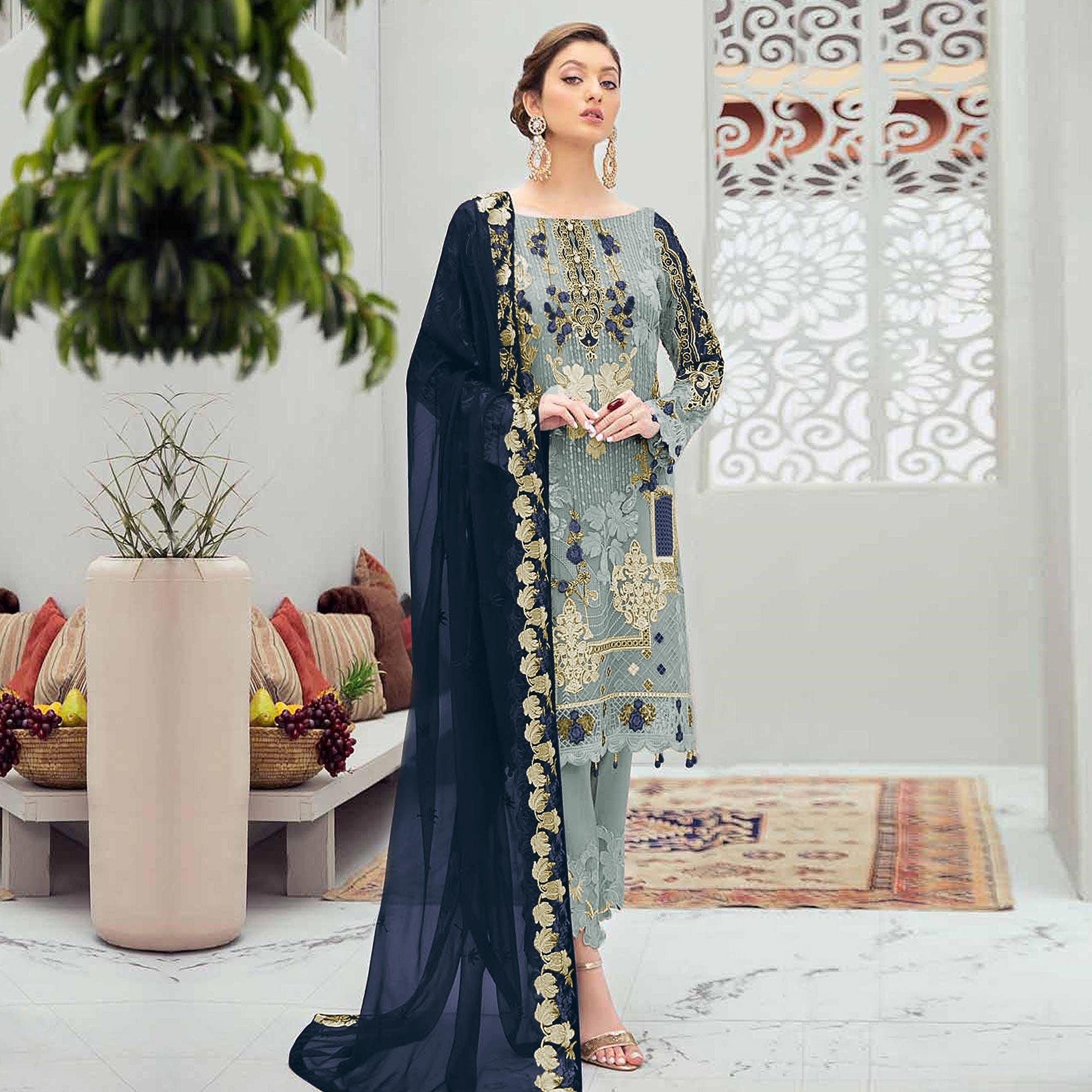 Peachmode Desirable Grey Colored Partywear Embroidered Net Straight Pakistani Suit