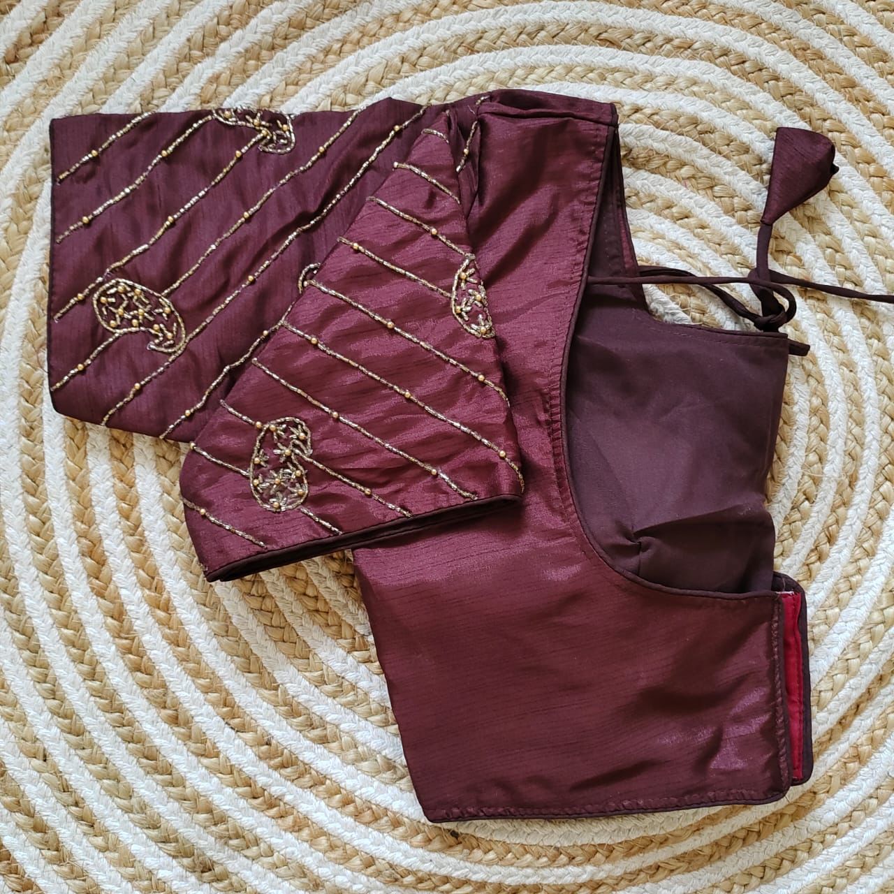 ClothsVilla Wine Pure Silk Blouse with Handcrafted Sleeves and Back Opening - view 2