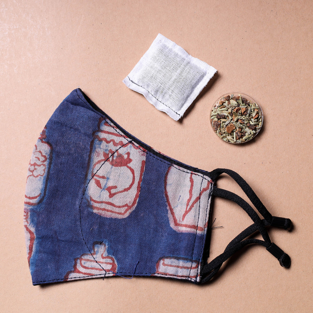 JALPARI Bindaas Block Printed Cotton 3 Layer Snug Fit Face Cover with Herb Pocket
