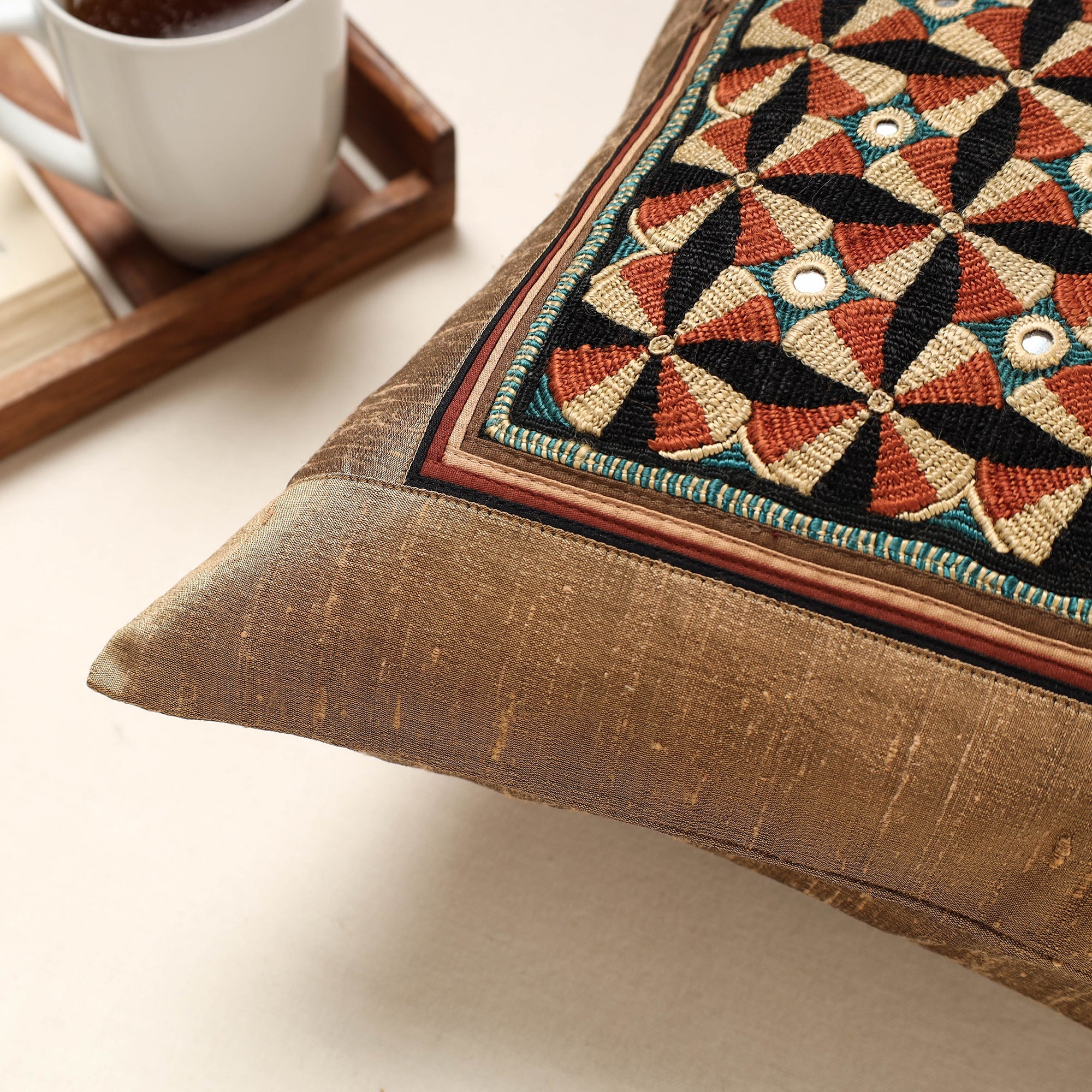 QASAB Brown - Kutch Jat Hand Embroidery Silk Cushion Cover (16 x 16 in) - view 2