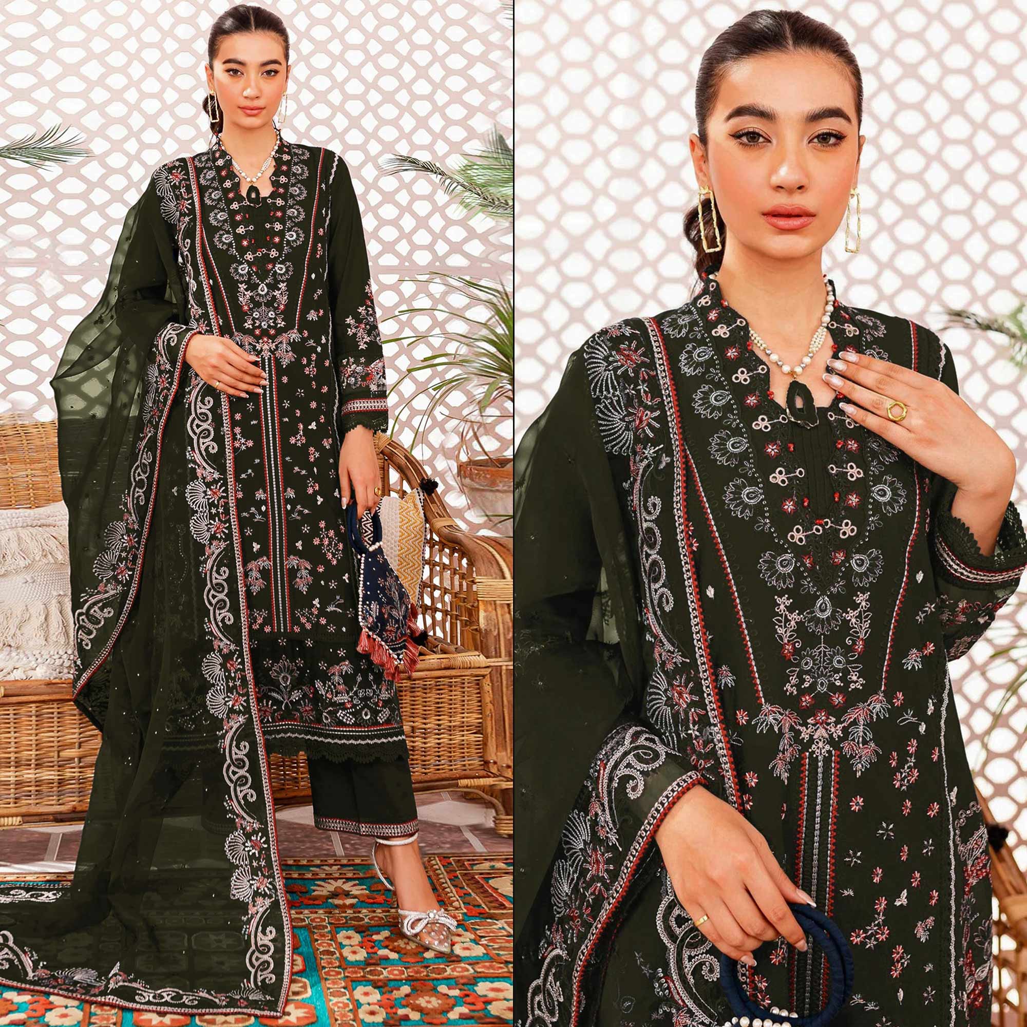 Peachmode Mehandi Green Floral Embroidered Georgette Semi Stitched Suit