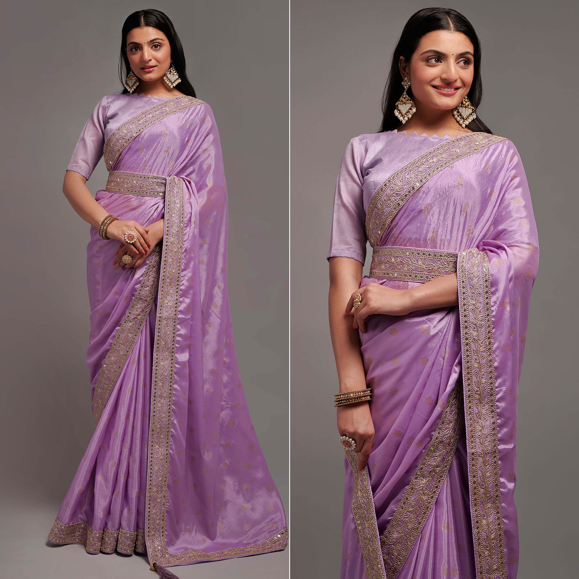 Peachmode Light Purple Foil Printed With Embroidered Border Chinon Saree