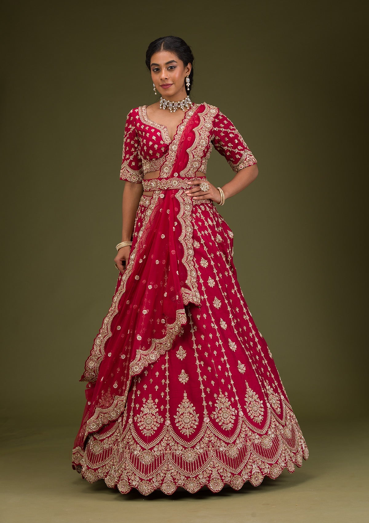 Koskii Rani Pink Zardosi Raw Silk Readymade Lehenga
