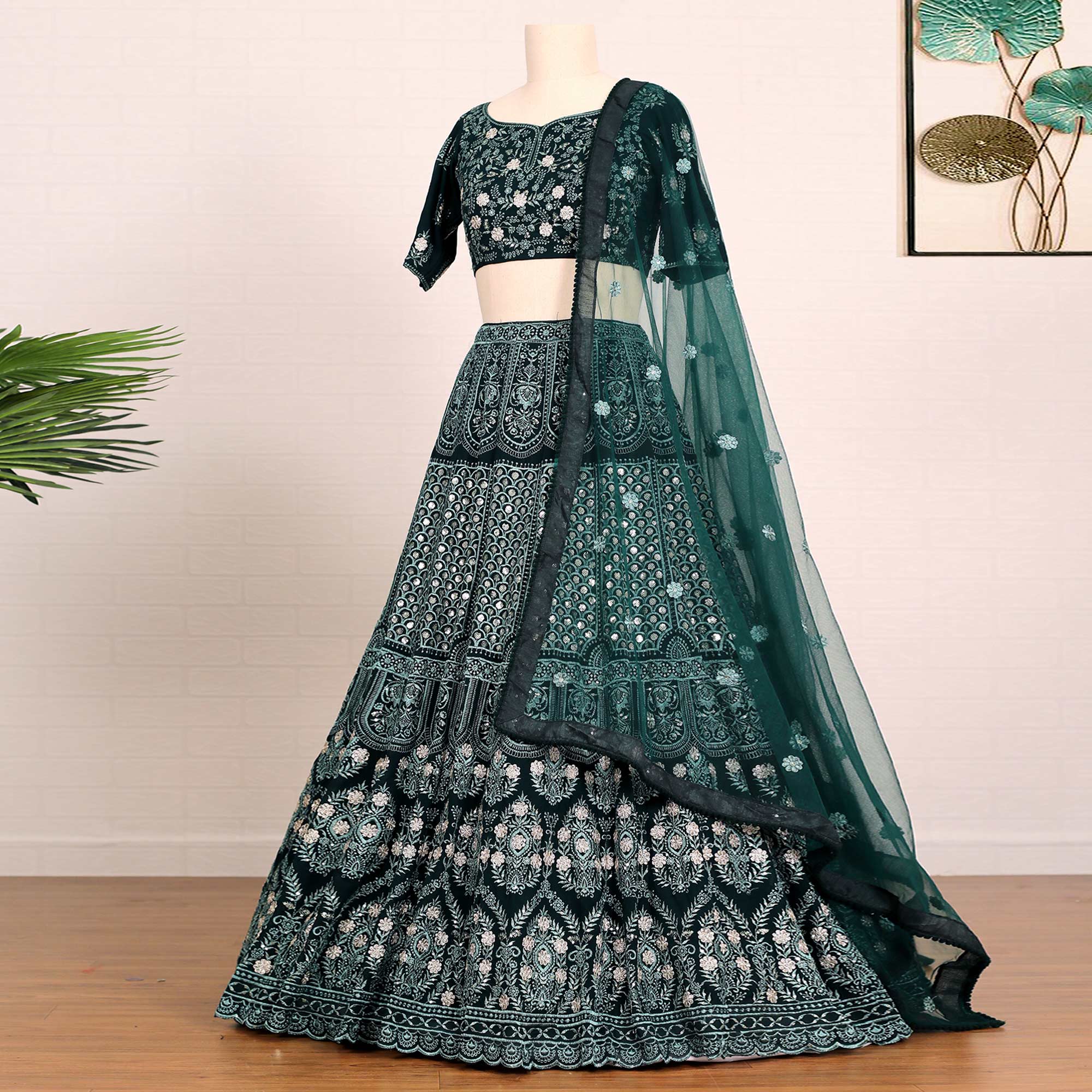 Peachmode Bottle Green Sequins Embroidered Georgette Lehenga Choli