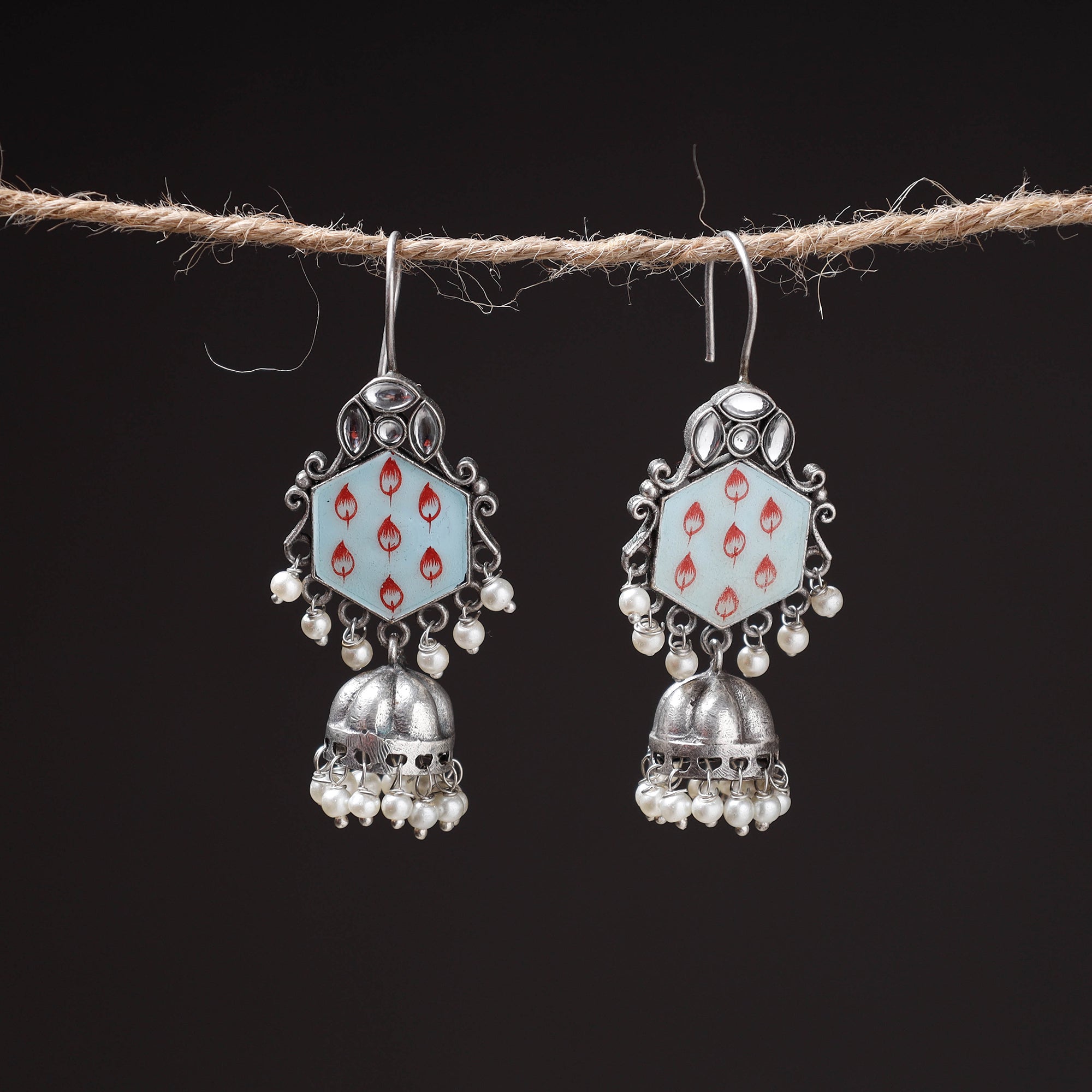 WHITE RIVER STORIES Antique Silver Finish Oxidised Brass Base Enamel Work Earrings