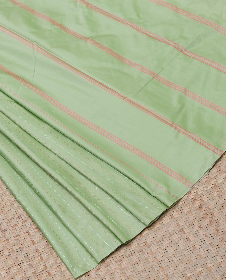 TheShoppothys Borderless pistachio green aarani gift saree with zig-zag stripes on its body, self-pallu of stripes