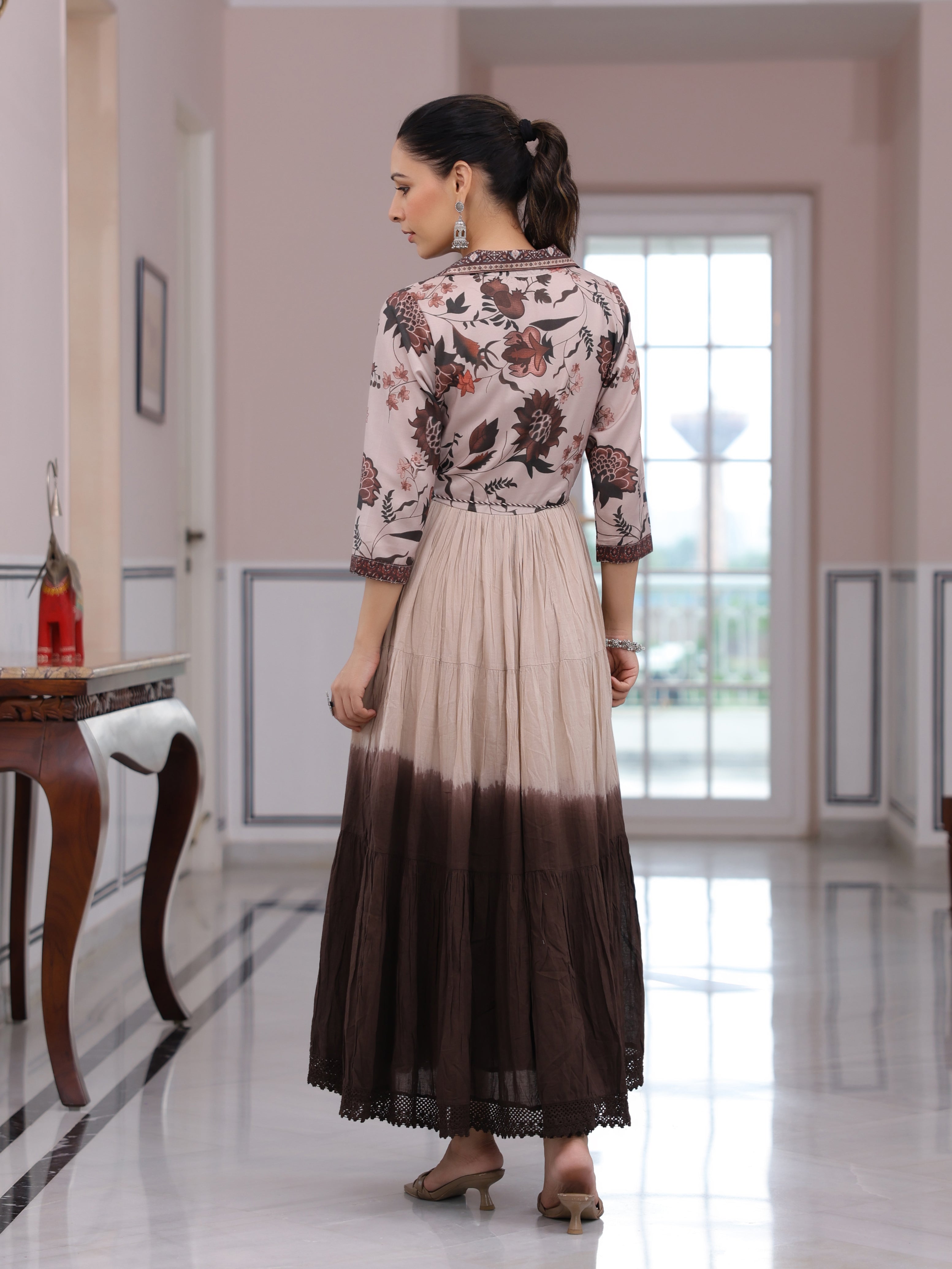 Fashor Floral Printed Ombre Dyed Pearl Beading Embellished Tiered Dress - Beige & Brown - view 7