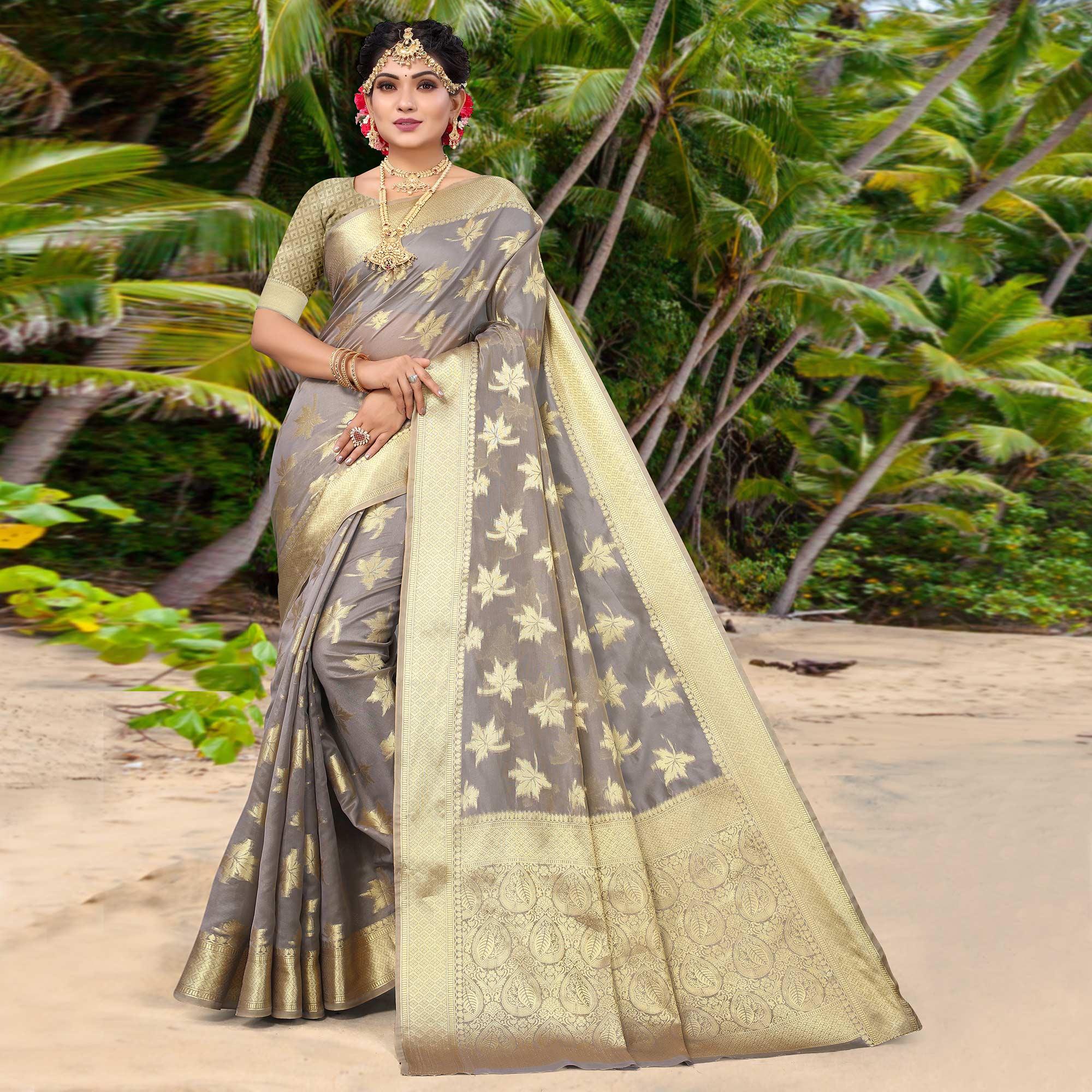 Peachmode Grey Woven Organza Saree – Women's - view 2