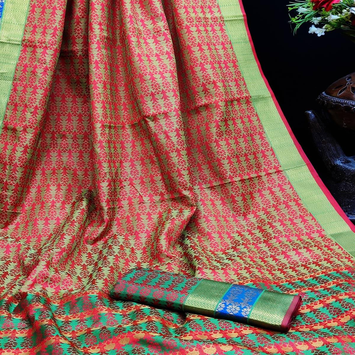 Peachmode Charming Red Colored Festive Wear Woven Jacqaurd Silk Saree - view 2