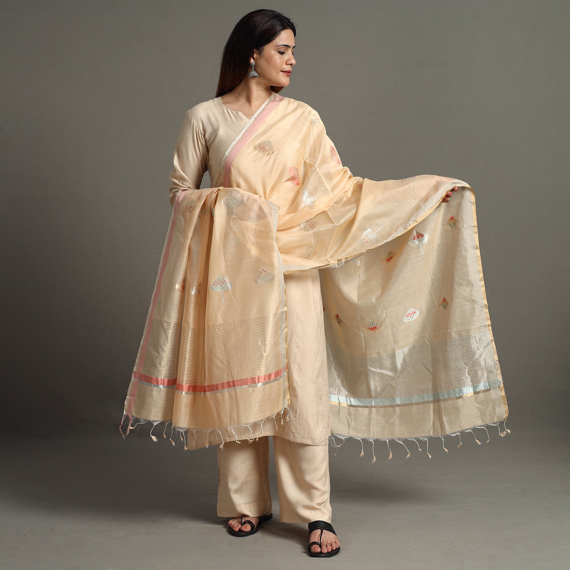 CHANDERI BY RAUPH KHAN Beige - Traditional Chanderi Silk Handloom Diamond Meena Buta Dupatta 54