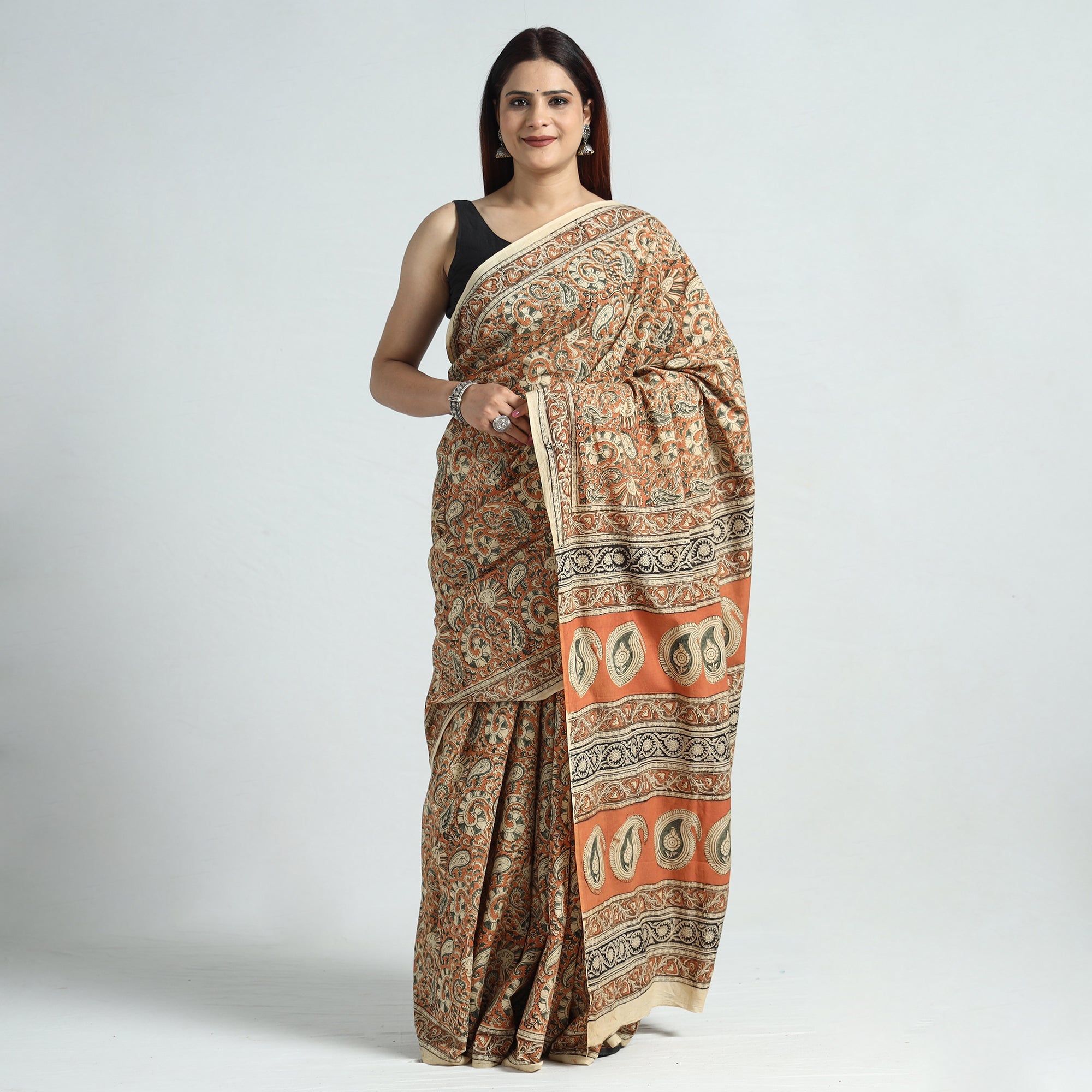 PITCHUKA SRINIVAS KALAMKARI PEDANA Brown - Pedana Block Print Cotton Kalamkari Saree 02