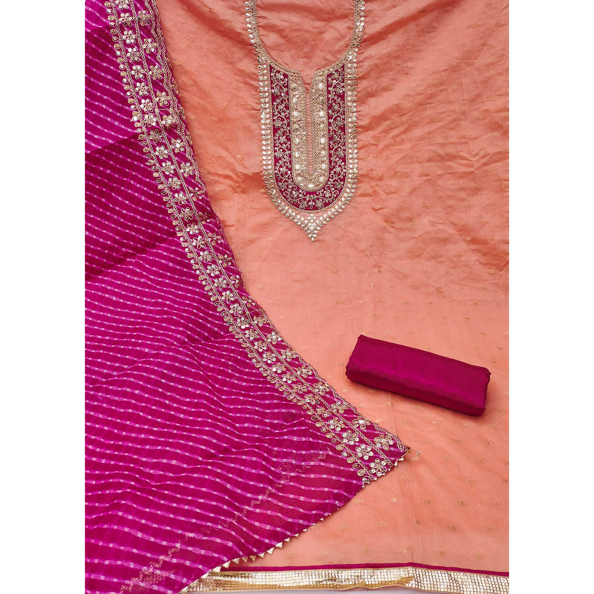 Peachmode Peach Woven With Sequins Embroidered Modal Chanderi Silk Dress Material - view 3