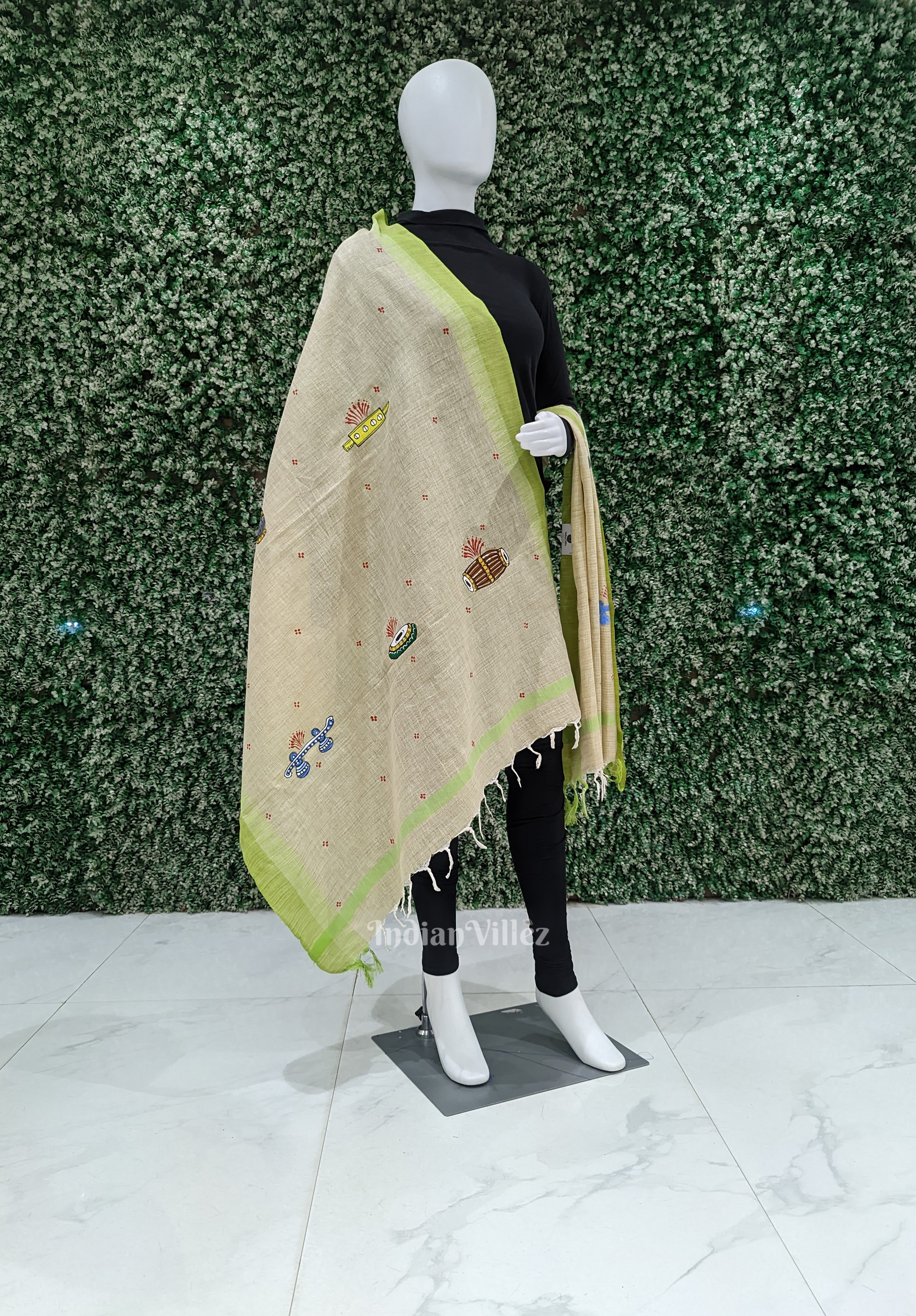 IndianVillèz Peach Color Music Instrument Tussar Pattachitra Dupatta