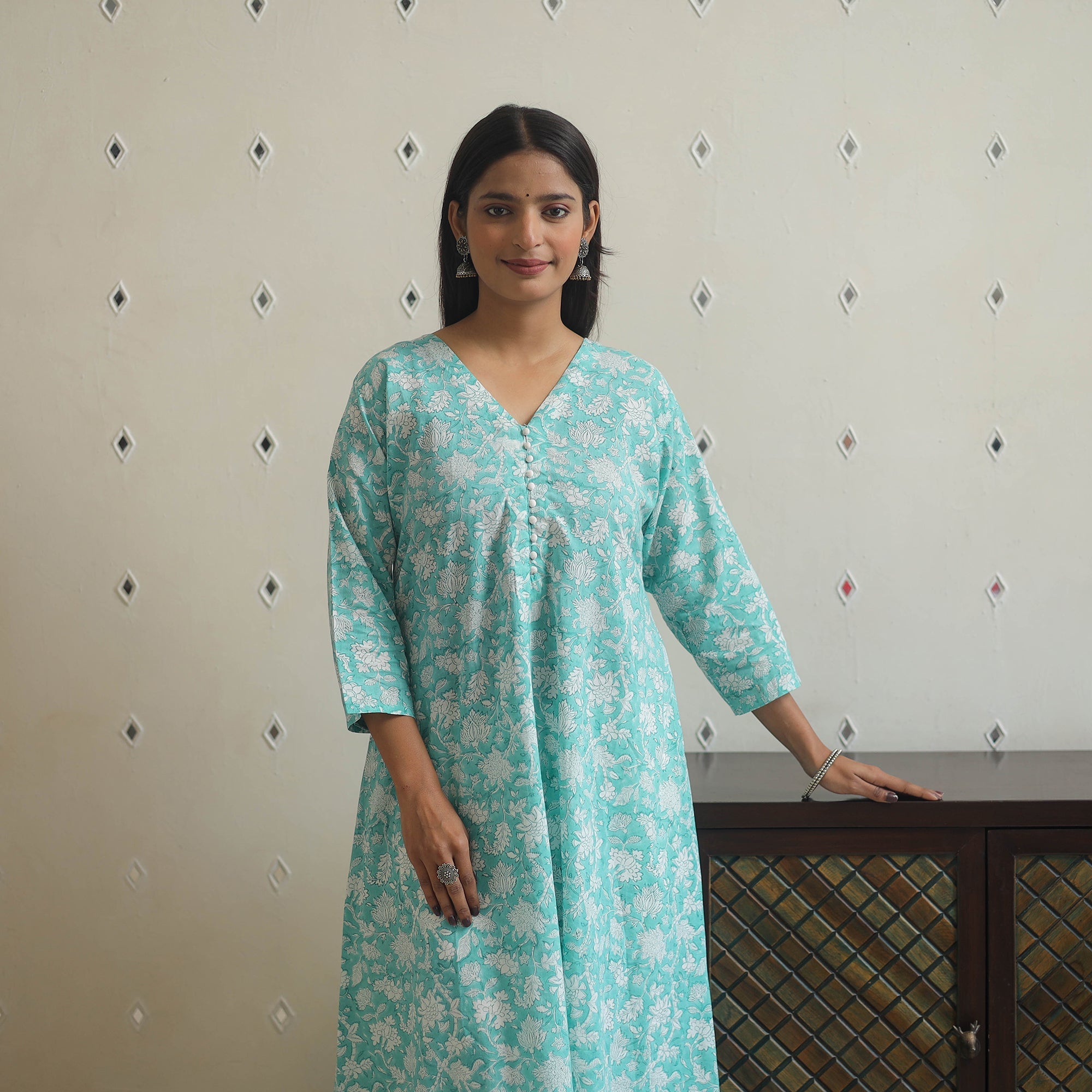ITOKRI CASUALS Aqua Blue - Block Print Cotton A-Line Sanganeri Kurta 16