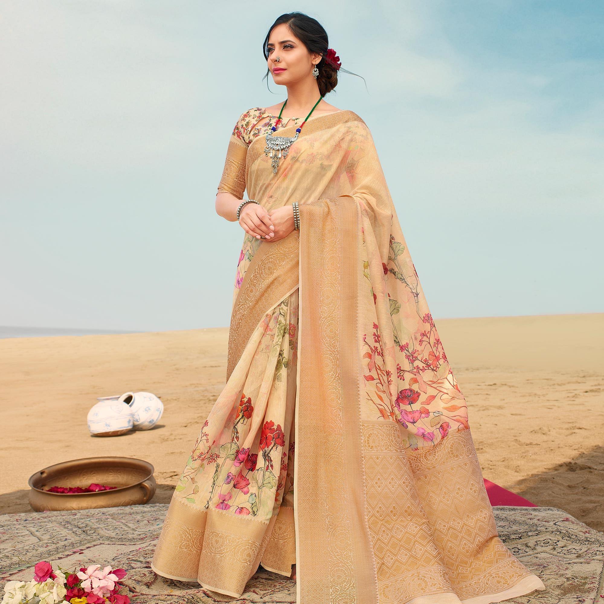 Peachmode Excellent Beige Colored Festive Wear Digital Floral Printed Linen Saree