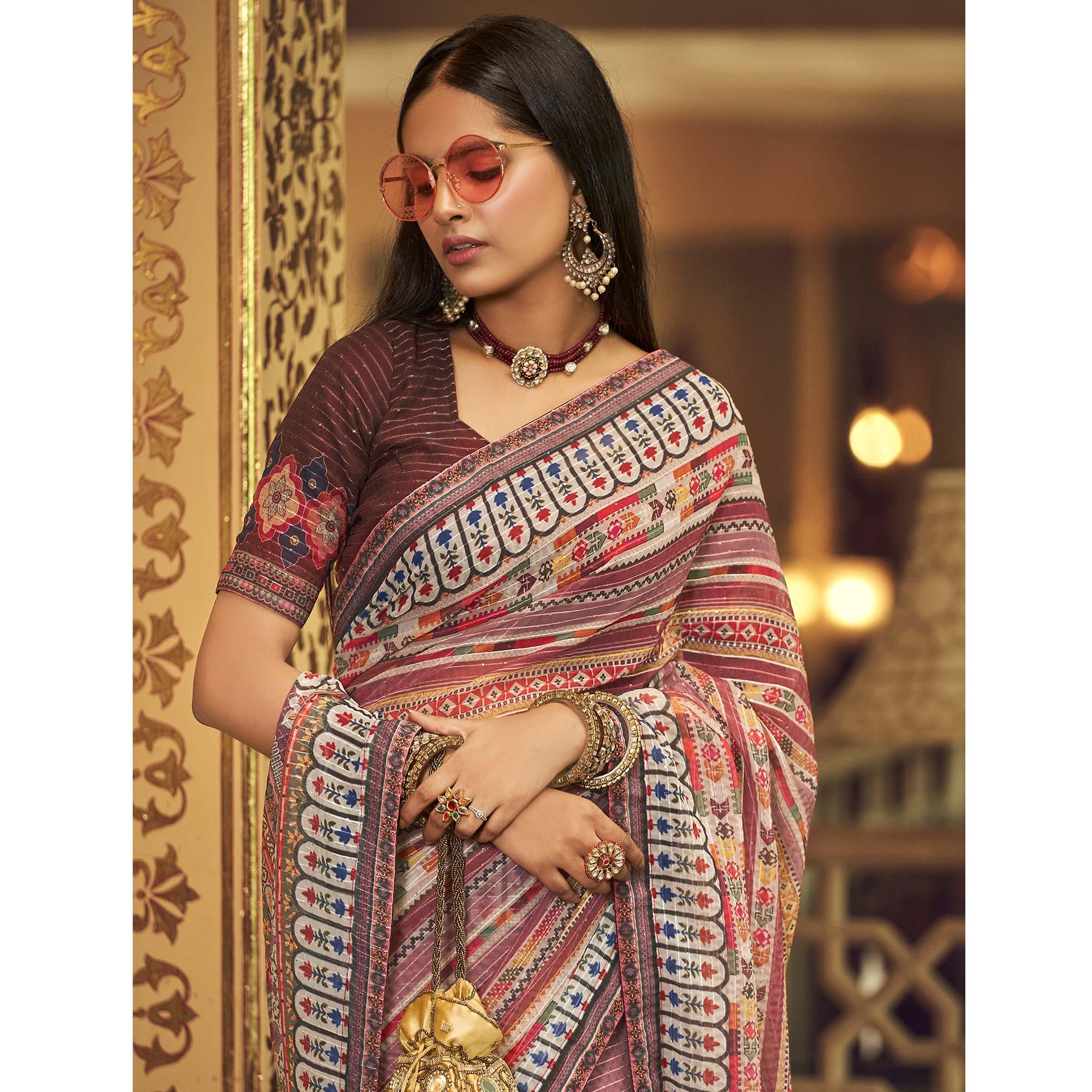 Peachmode Mauve Printed With Embellished Georgette Half and Half Saree - view 5