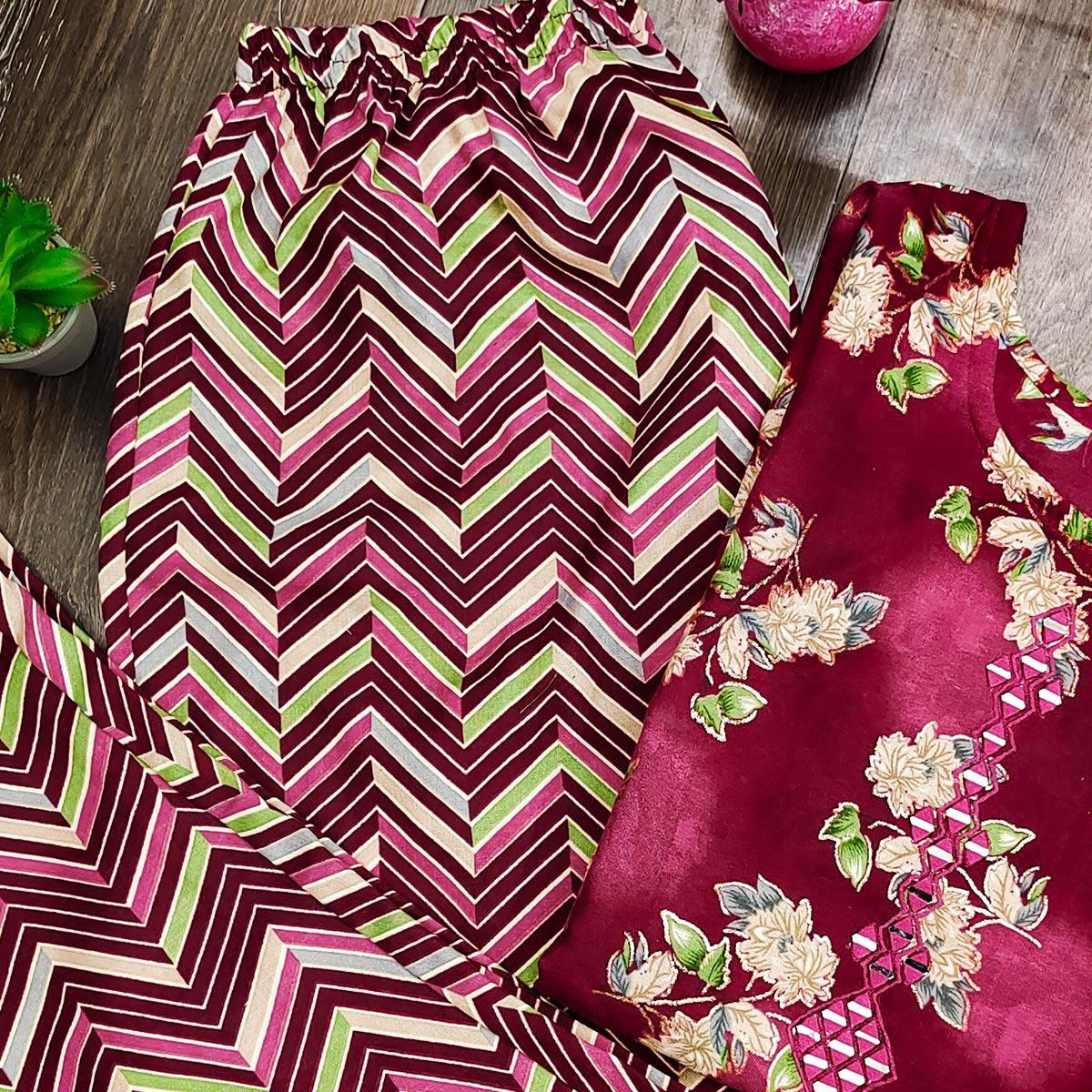 Peachmode Seller Maroon Casual Wear Mirror Printed Ruby Cotton Kurti Pant Set - view 2