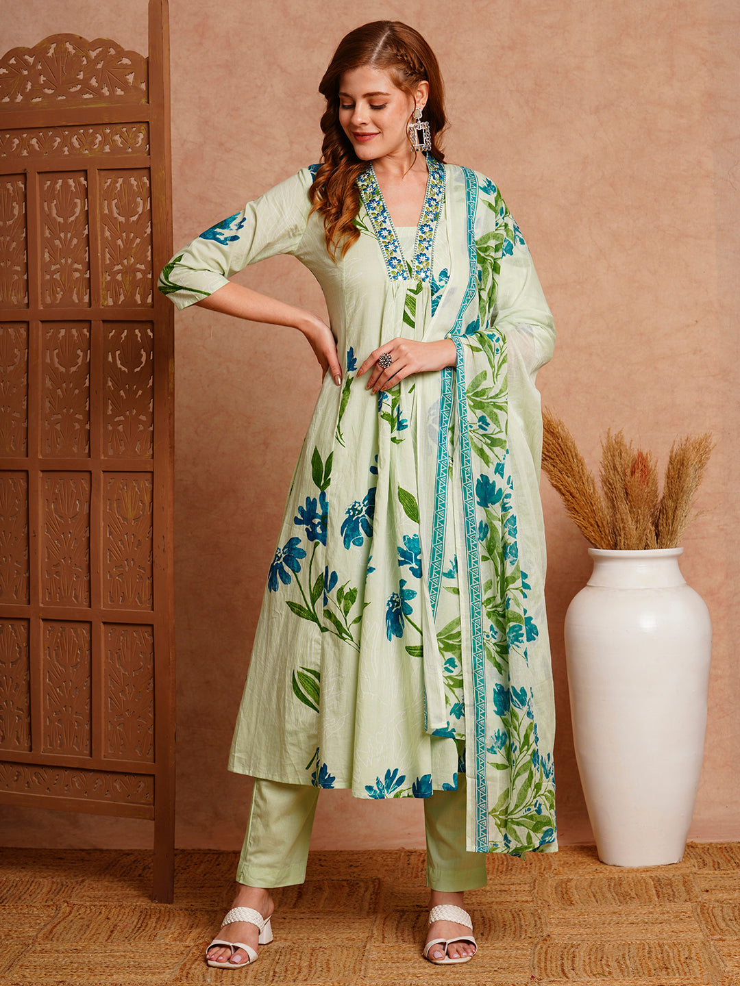FASHOR Floral Printed & Embroidered A-Line Paneled Kurta with Pant and Dupatta - Mint Green - view 3