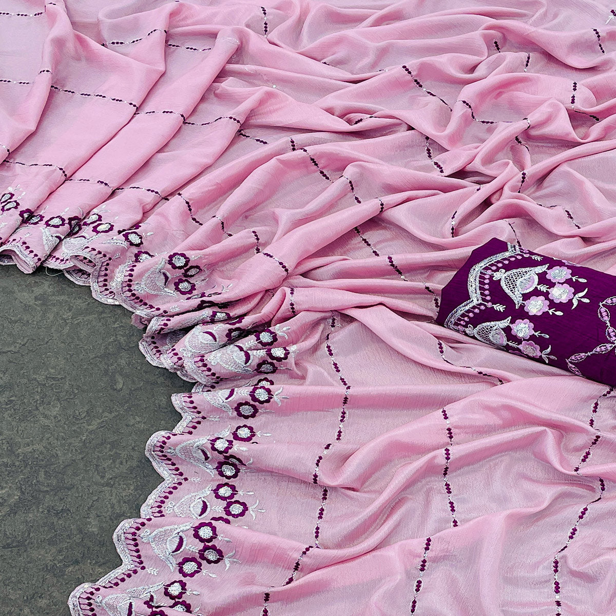 Peachmode Light Pink Sequins Embroidered Chinon Saree - view 2