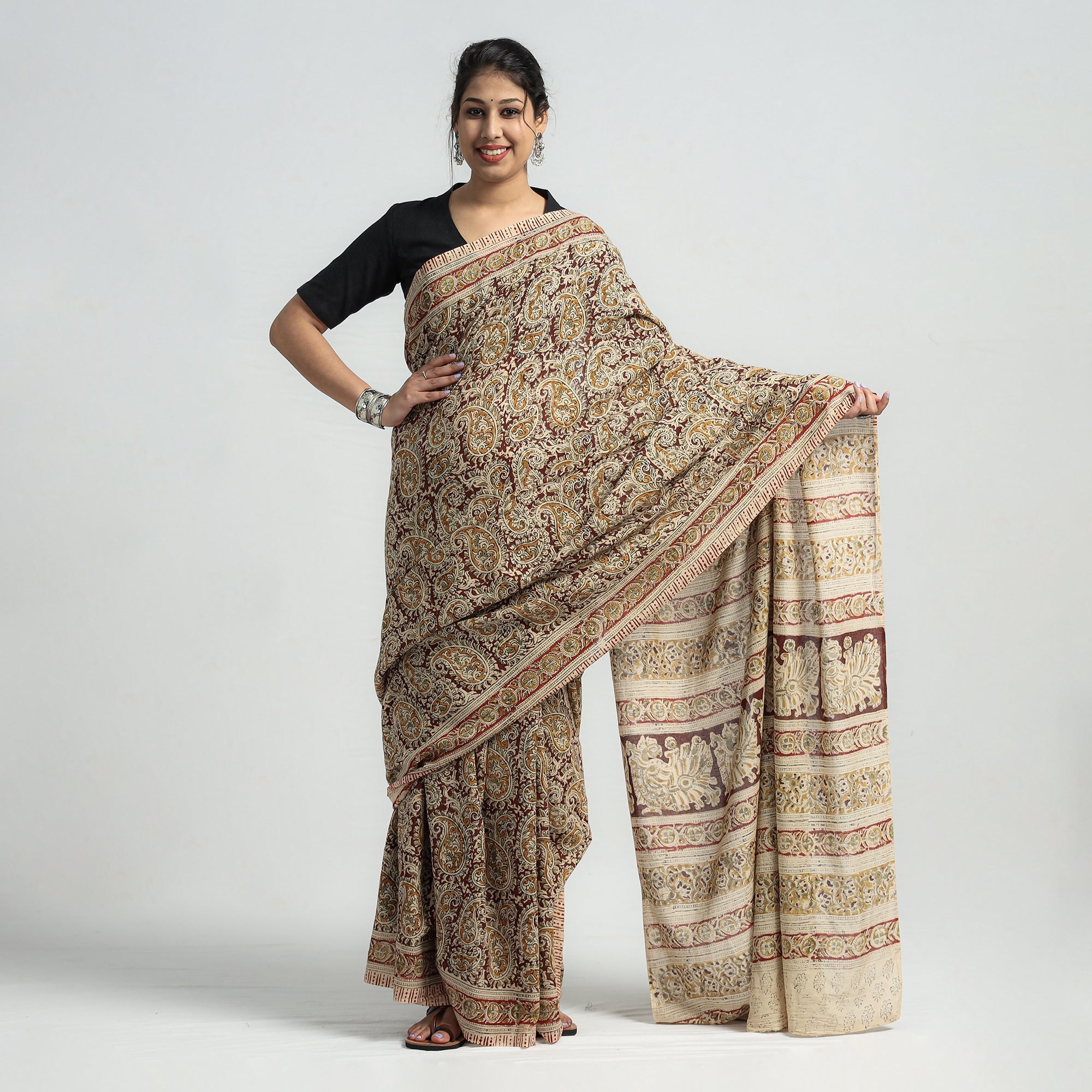 VENKATA BHANU KALAMKARI PEDANA Beige - Pedana Block Print Cotton Kalamkari Saree - view 2