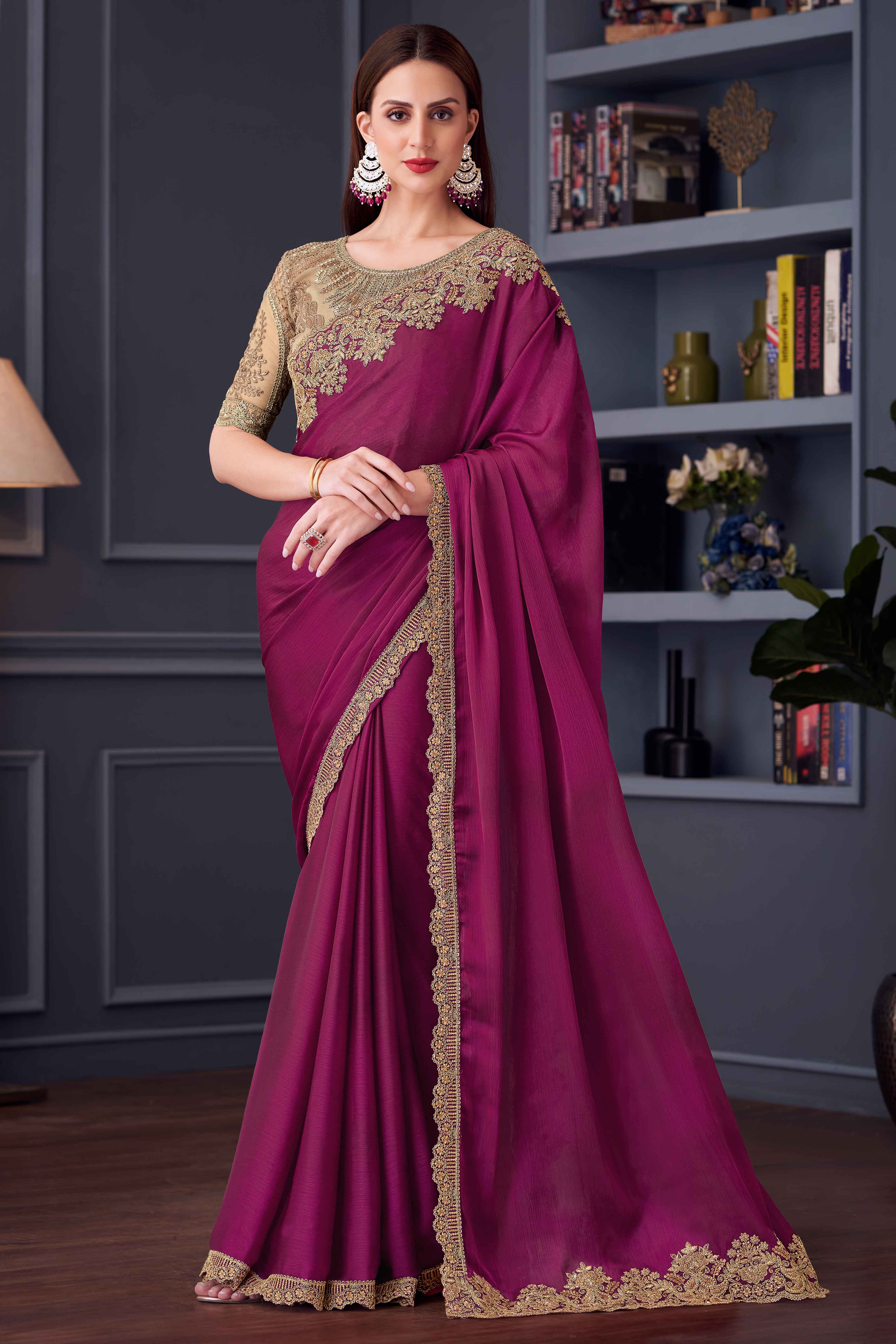 Peachmode Magenta Sequins Embroidered Satin Saree