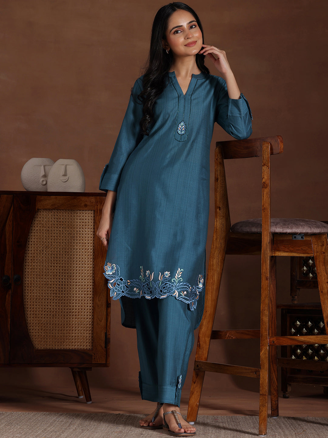 Libas Blue Embroidered Silk Blend Co-Ords