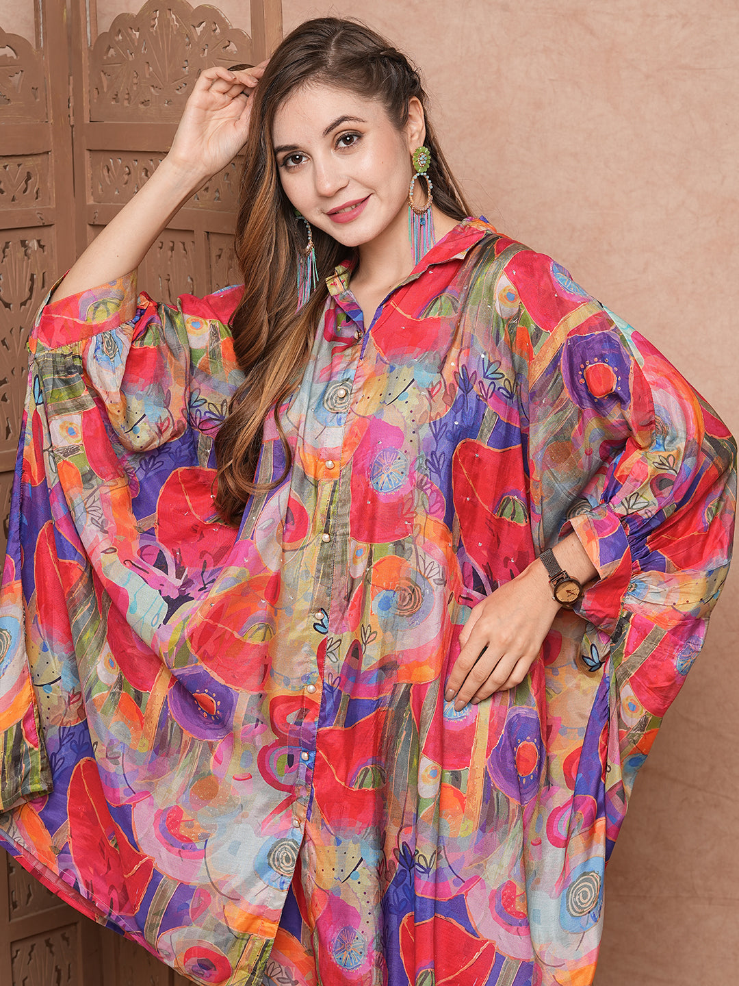 Fashor Abstract Printed Sequins Embellished Kaftan Style Kurta with Pants Co-ord Set - Multi - view 2