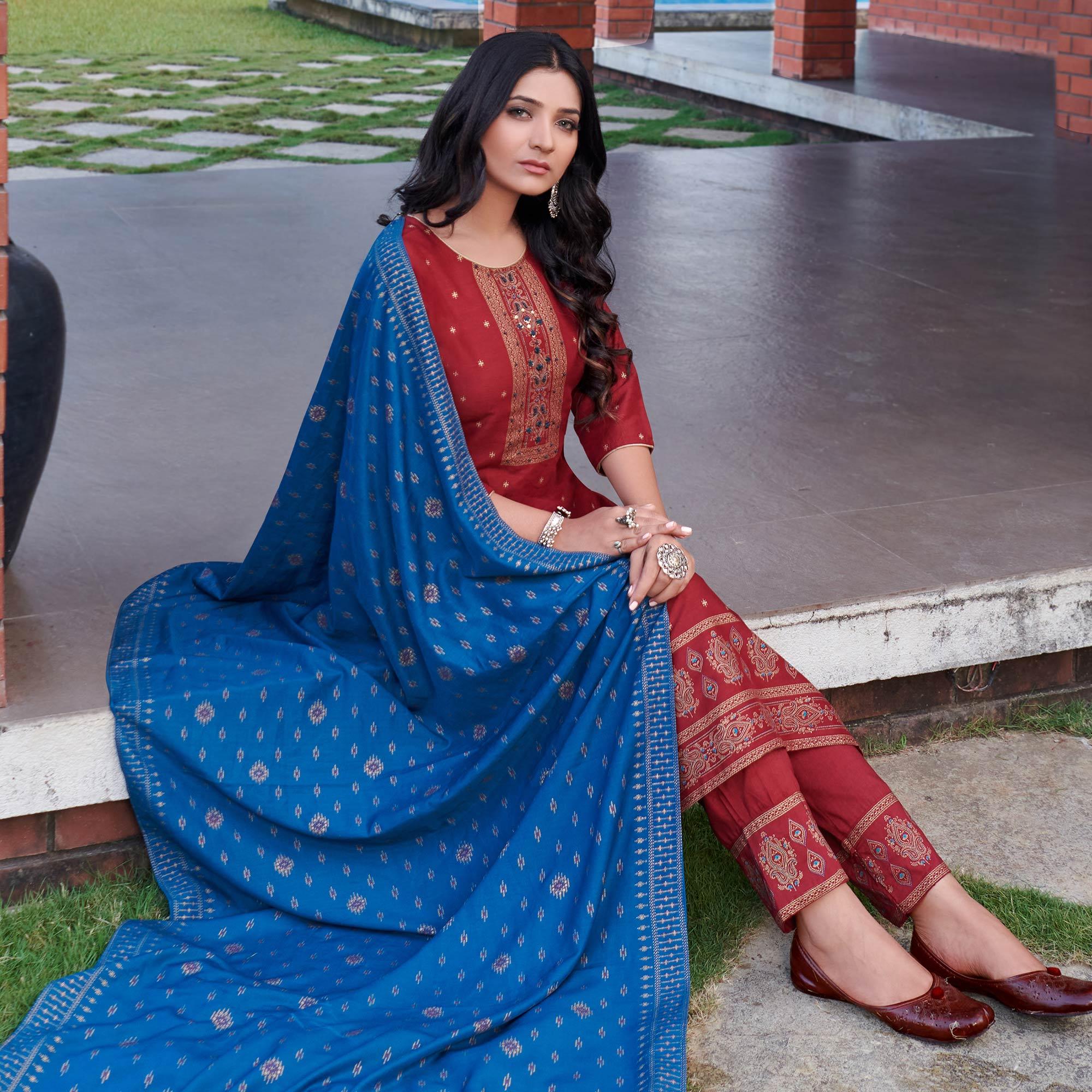 Peachmode Maroon Foil Printed With Embroidered Rayon Kurti Pant Set With Dupatta - view 2