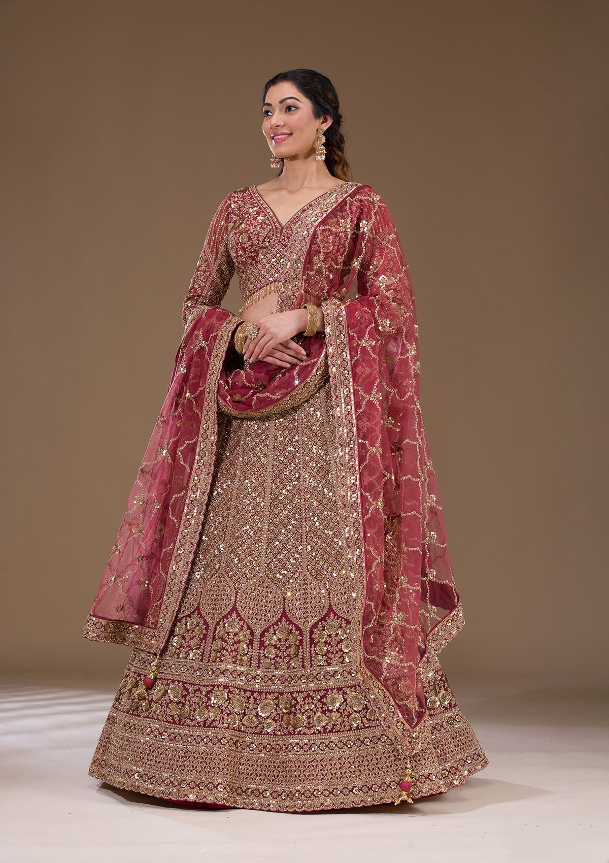 Koskii Light Brown Sequins Net Readymade Lehenga - view 6