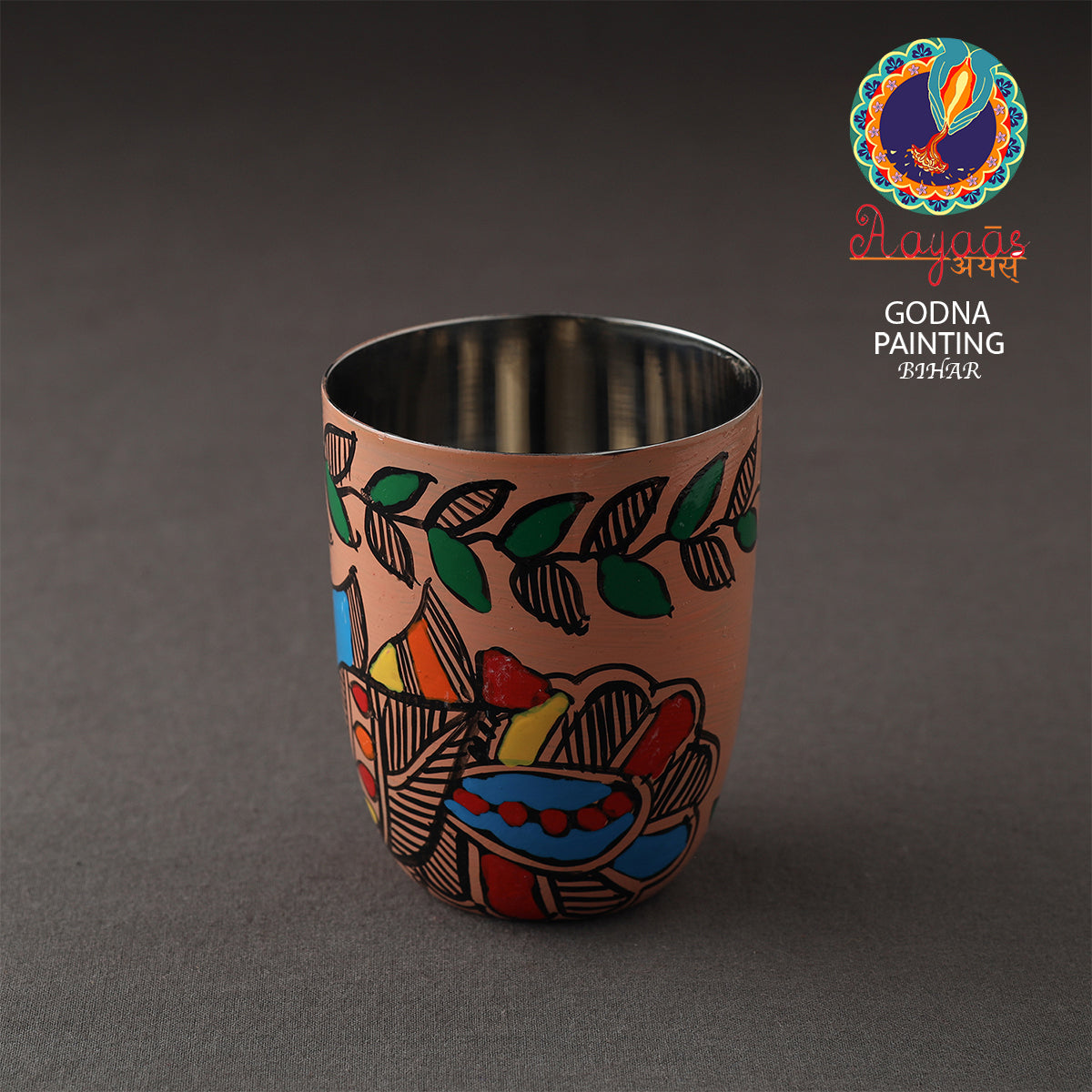 AAYAAS Brown - Godna Madhubani Handpainted Stainless Steel Glass