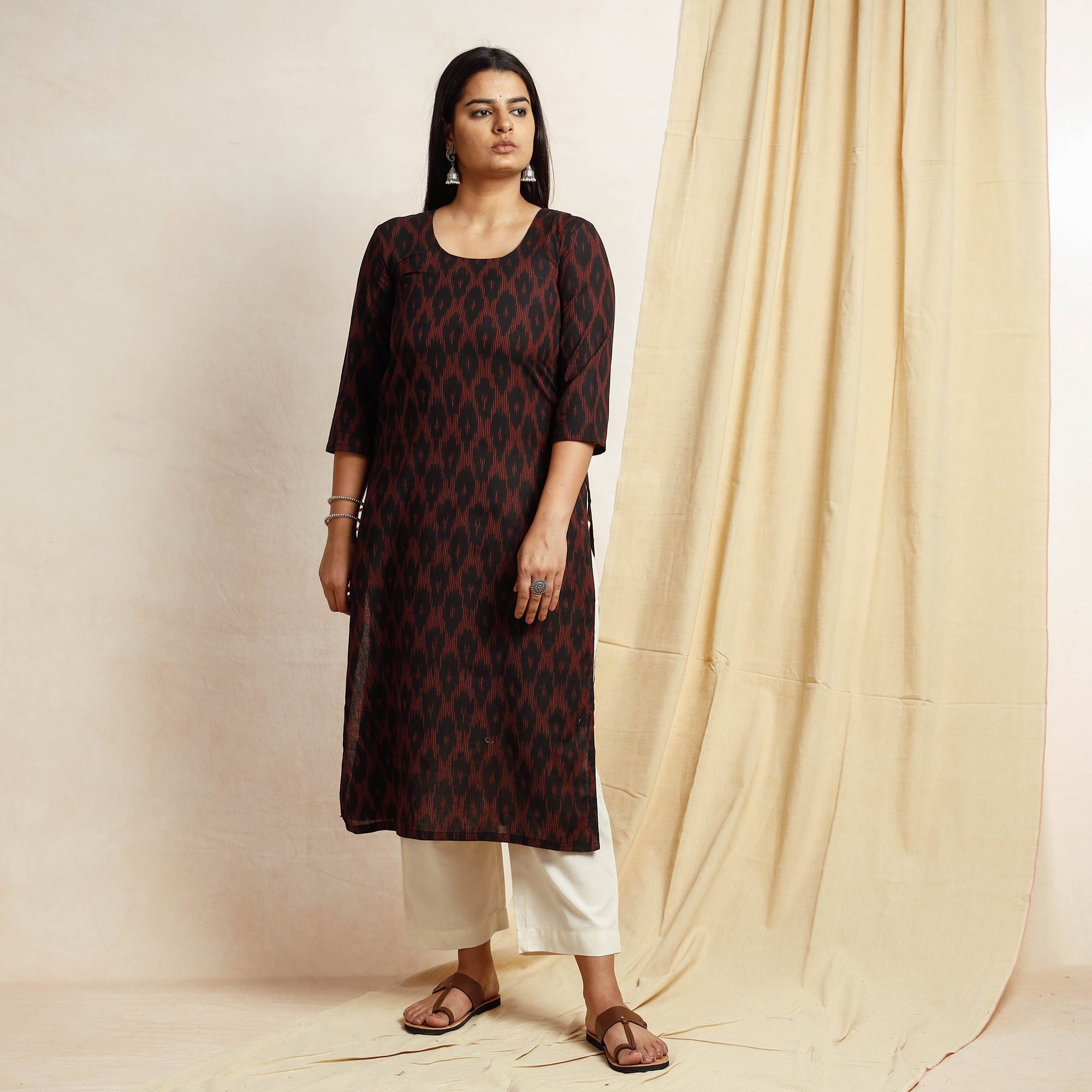ITOKRI CASUALS Black - Pochampally Ikat Weave Cotton Long Straight kurta