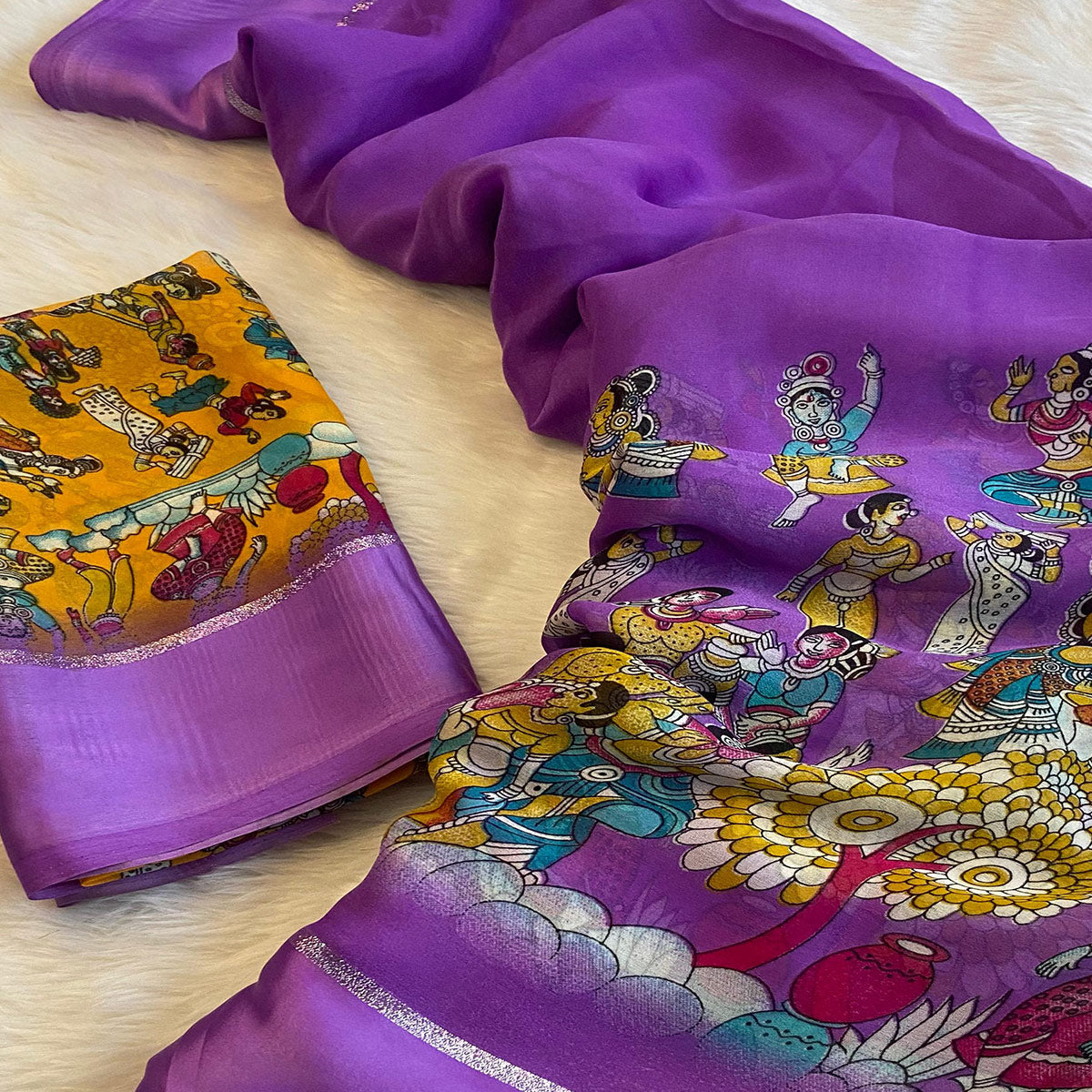 Peachmode Lavender Printed Georgette Saree With Satin Border - view 2