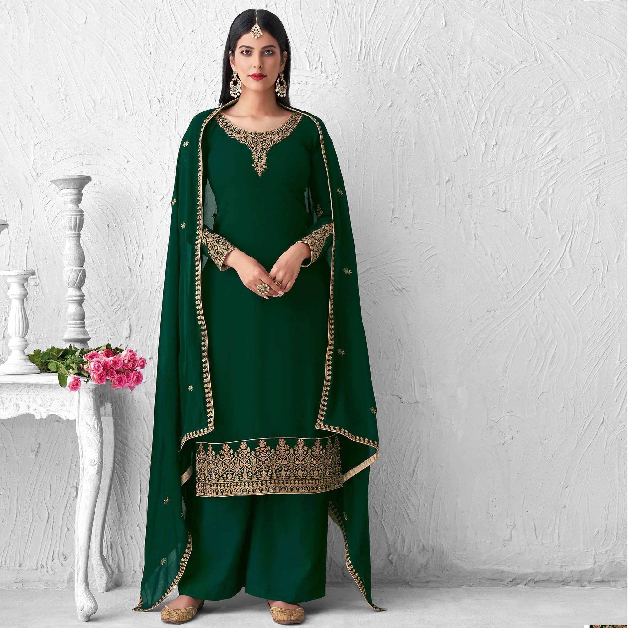 Peachmode Innovative Green Colored Partywear Designer Embroidery Heavy real georgette Salwar Suit