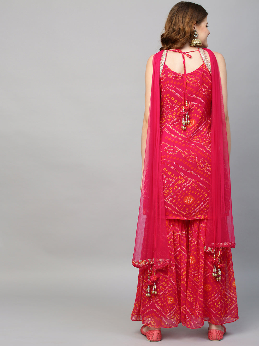 Fashor Zari Embroidered & Bandhani Printed Kurta with Sharara & Dupatta - Hot Pink - view 15