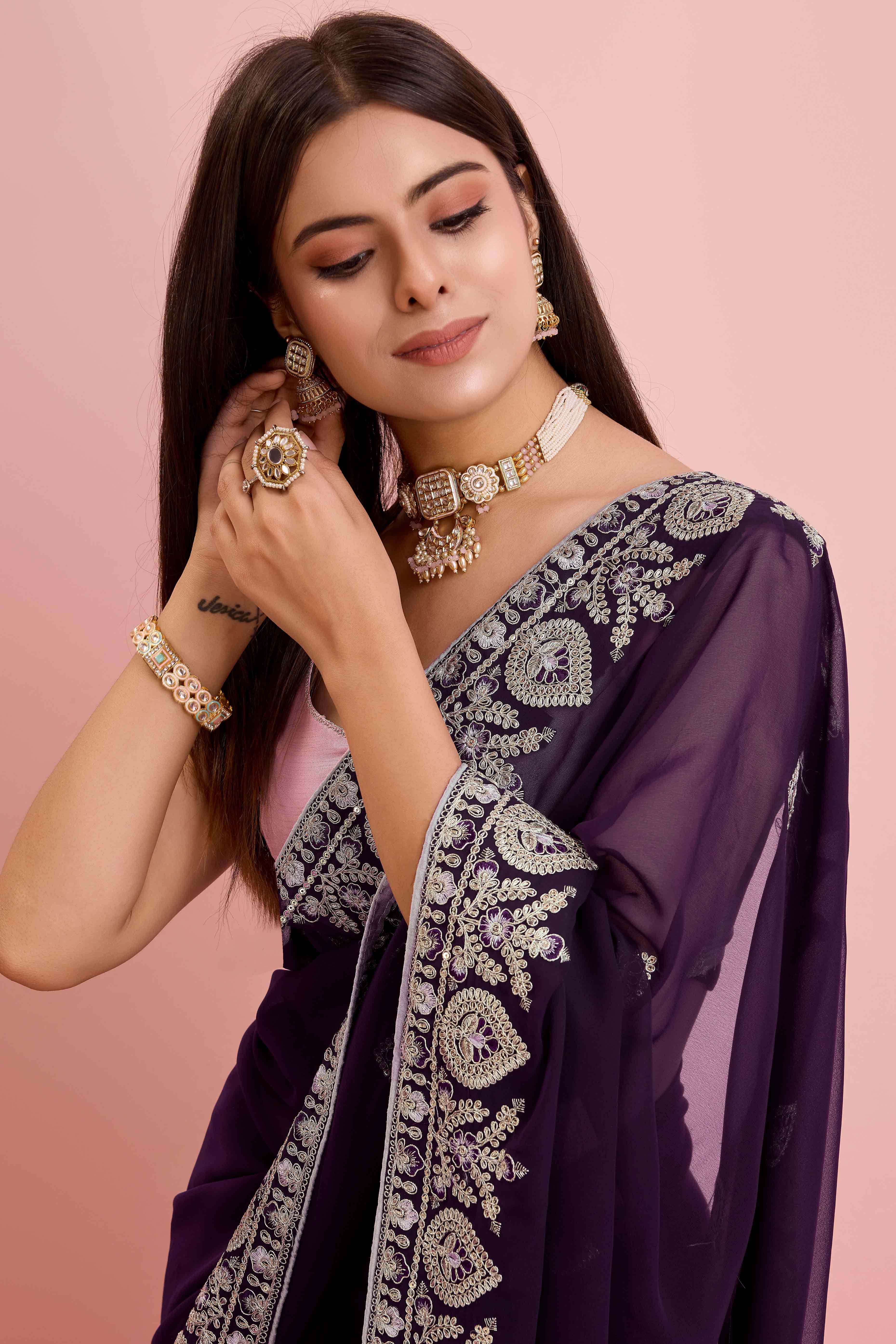 Peachmode Dark Purple Floral Sequins Embroidered Georgette Saree - view 6