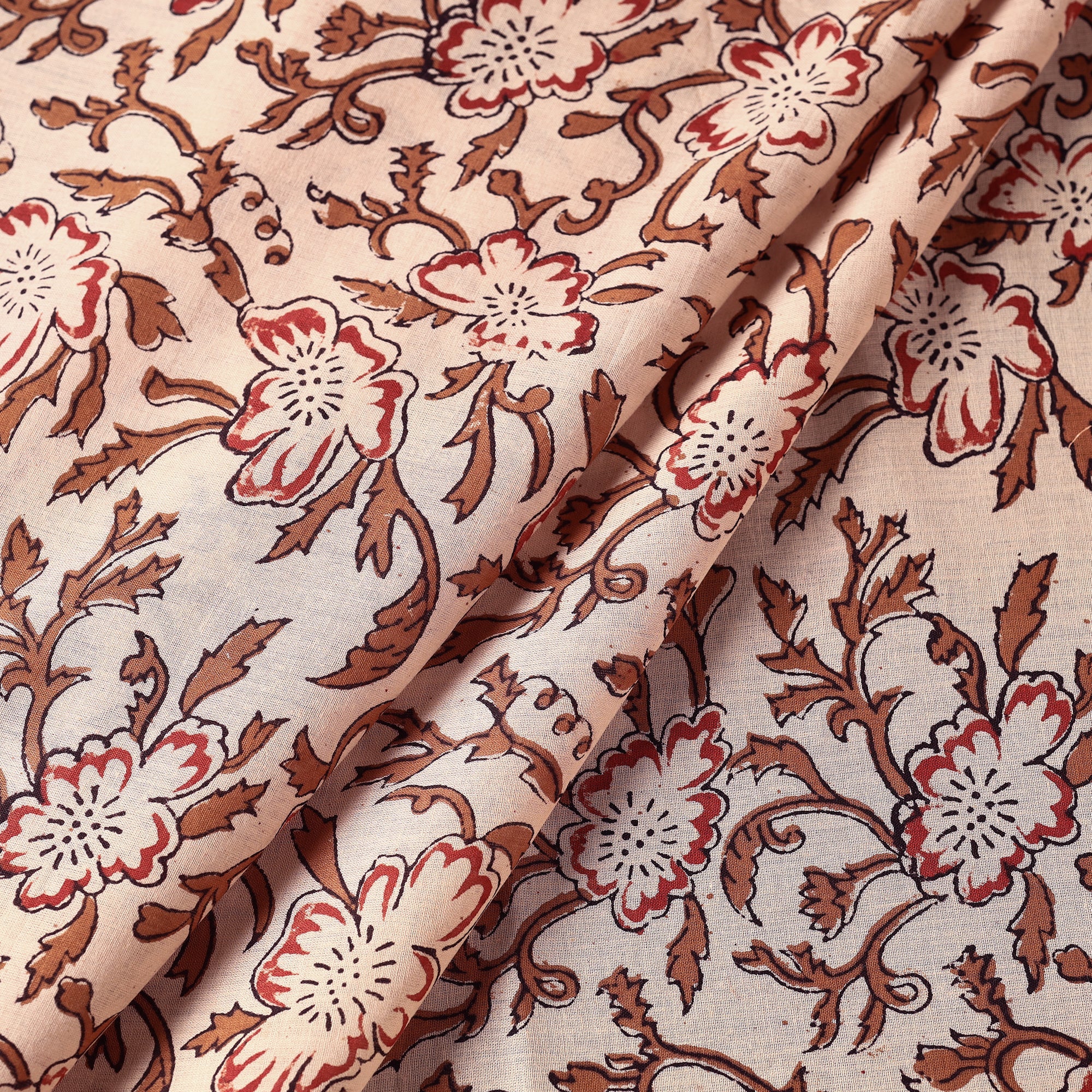 ARTISAN HAND BLOCK PRINTS Beige - Sanganeri Block Printed Mul Cotton Fabric - view 2