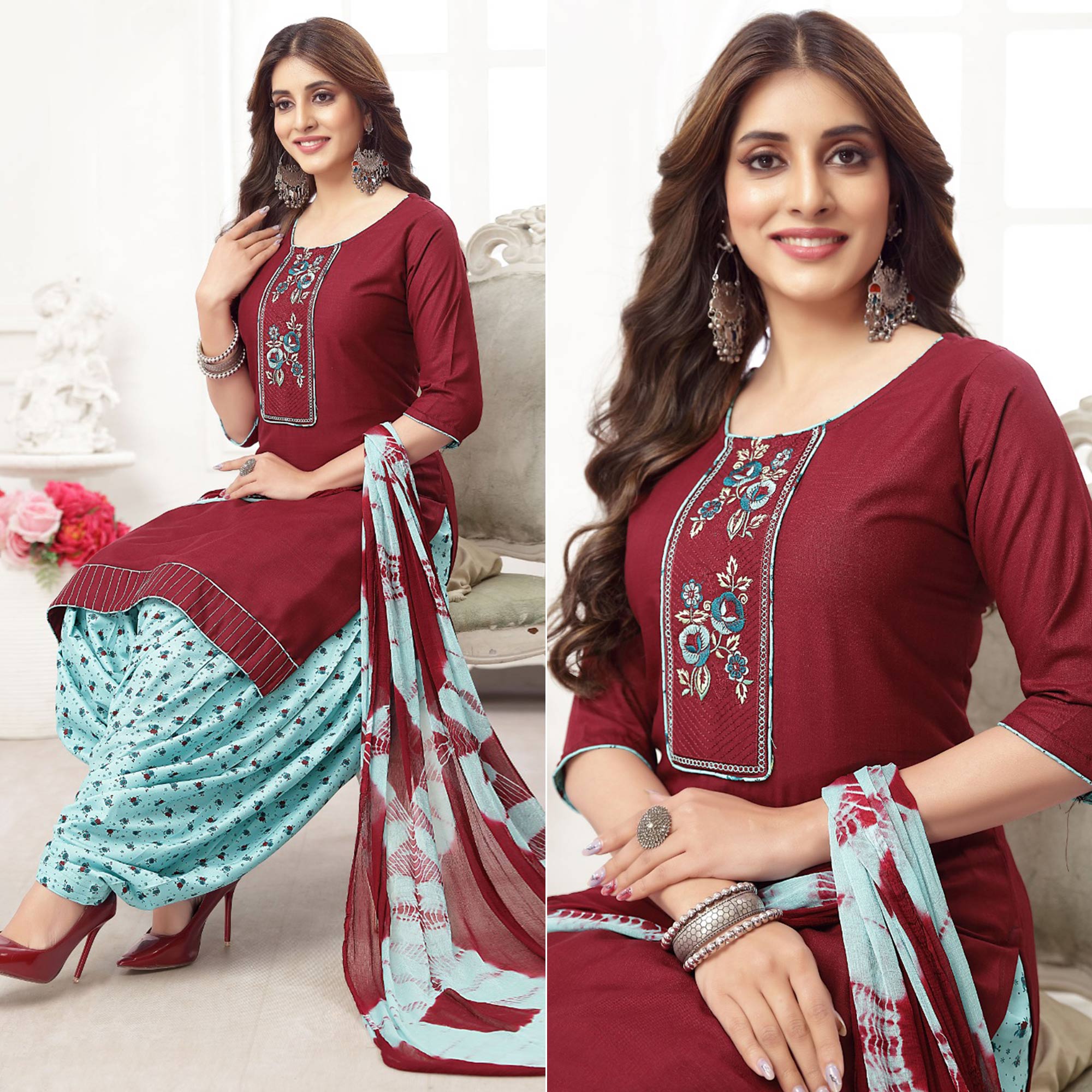 Peachmode Seller Maroon Embroidered Rayon Patiala Suit