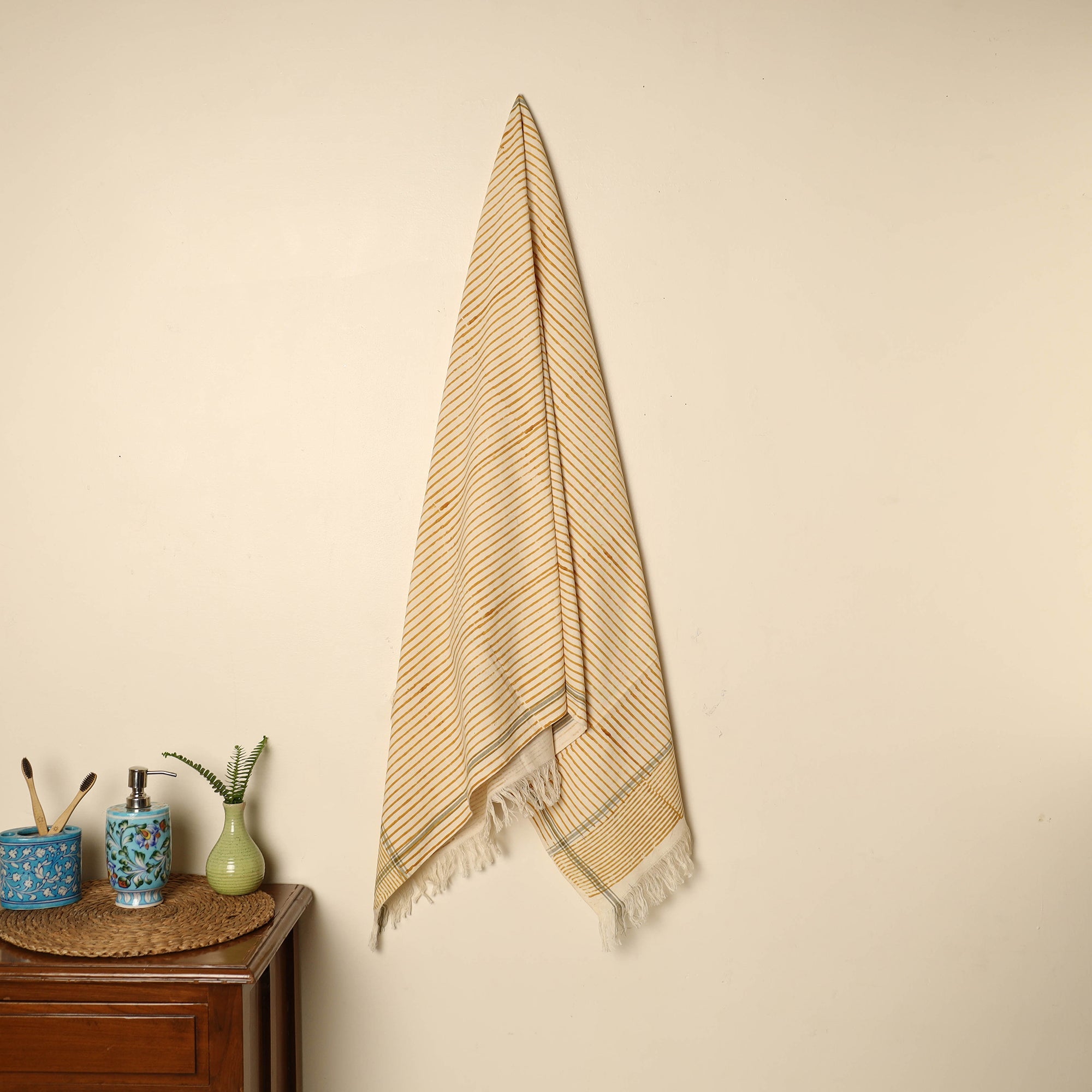 ARTISAN HAND BLOCK PRINTS Beige - Block Printed Handloom Cotton Sanganeri Towel 11