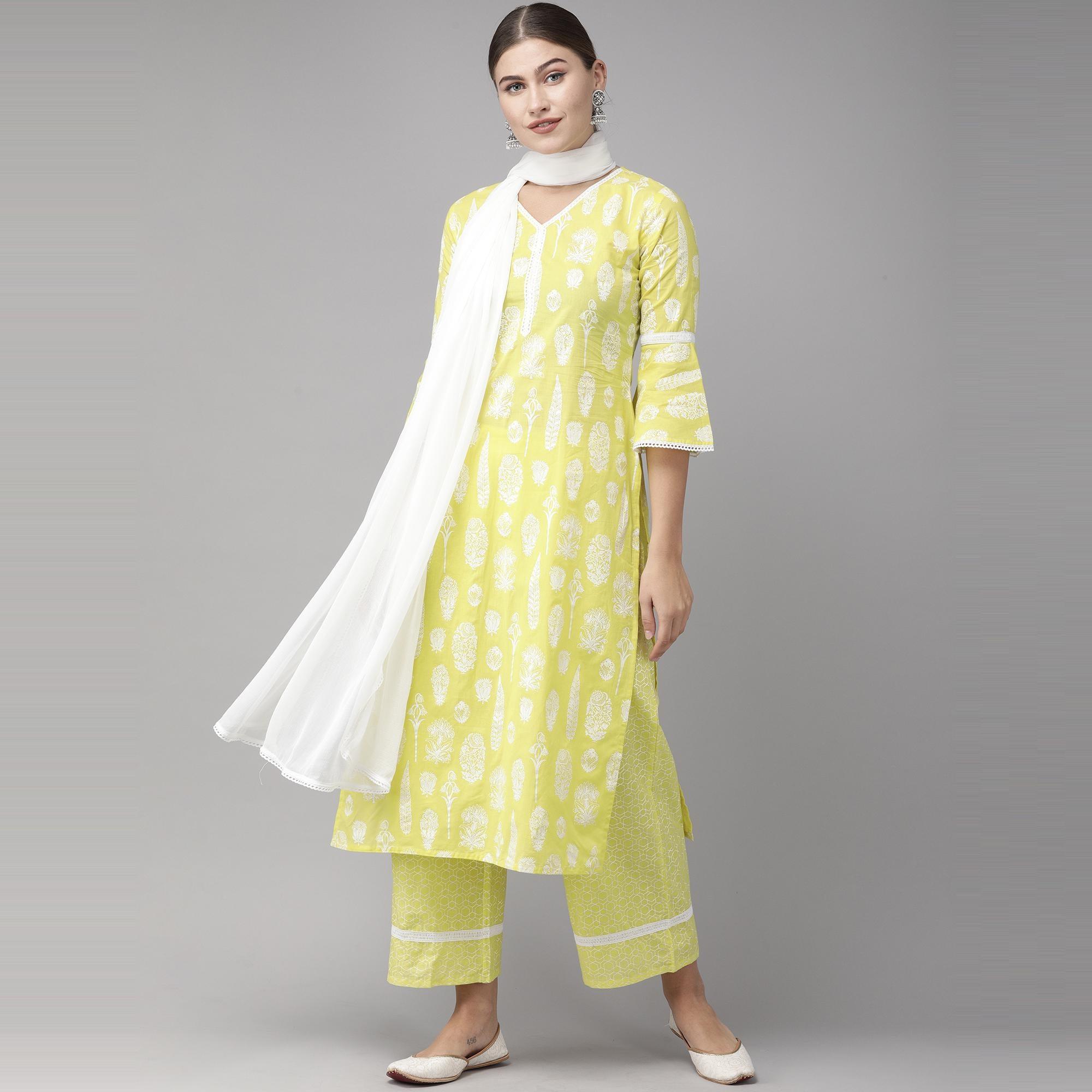 Peachmode Indo Era Yellow Foil Printed Straight Pure Cotton Kurta Palazzo with Dupatta Set